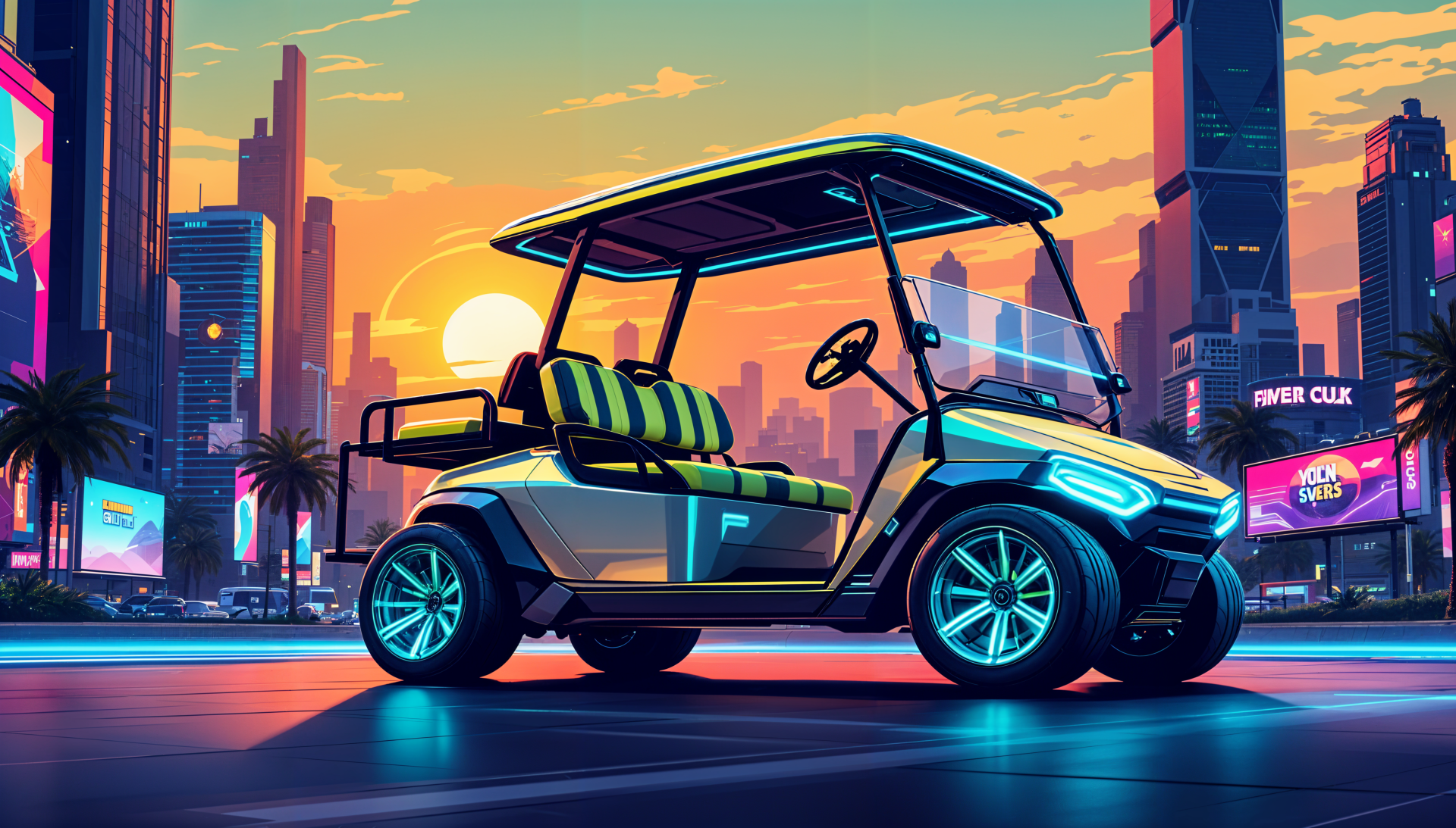 A vibrant golf cart stands in a futuristic cityscape at sunset, featuring neon colors and sleek design, serving as a striking 4K Ultra HD PC desktop wallpaper and background.