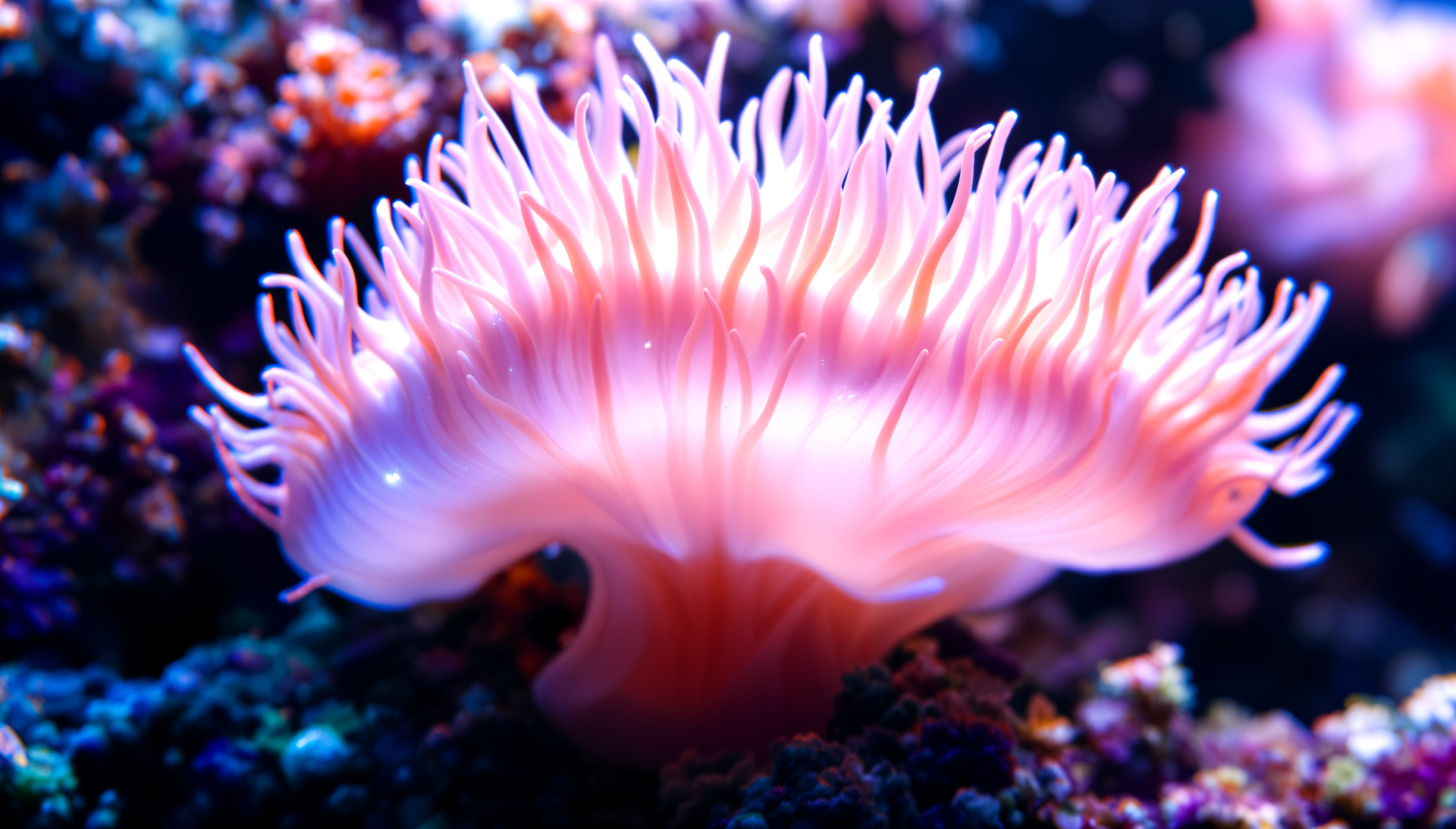 A vibrant sea anemone with delicate, flowing tentacles glows in shades of pink and purple, creating a stunning focal point for this 4K Ultra HD desktop wallpaper.