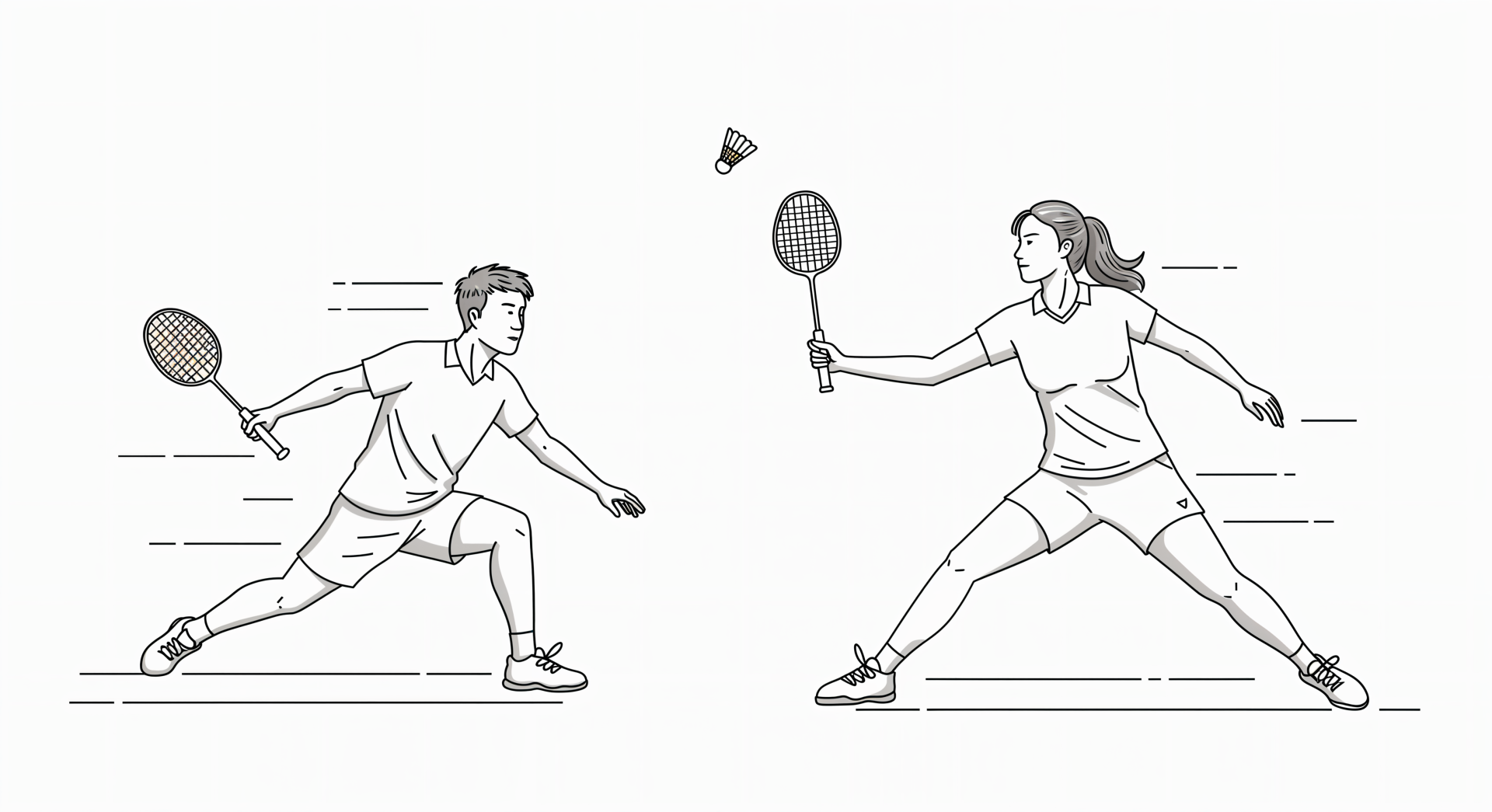 A dynamic badminton scene featuring a male and female player in motion, set against a minimalist background. This illustration serves as a 4K Ultra HD PC desktop wallpaper.