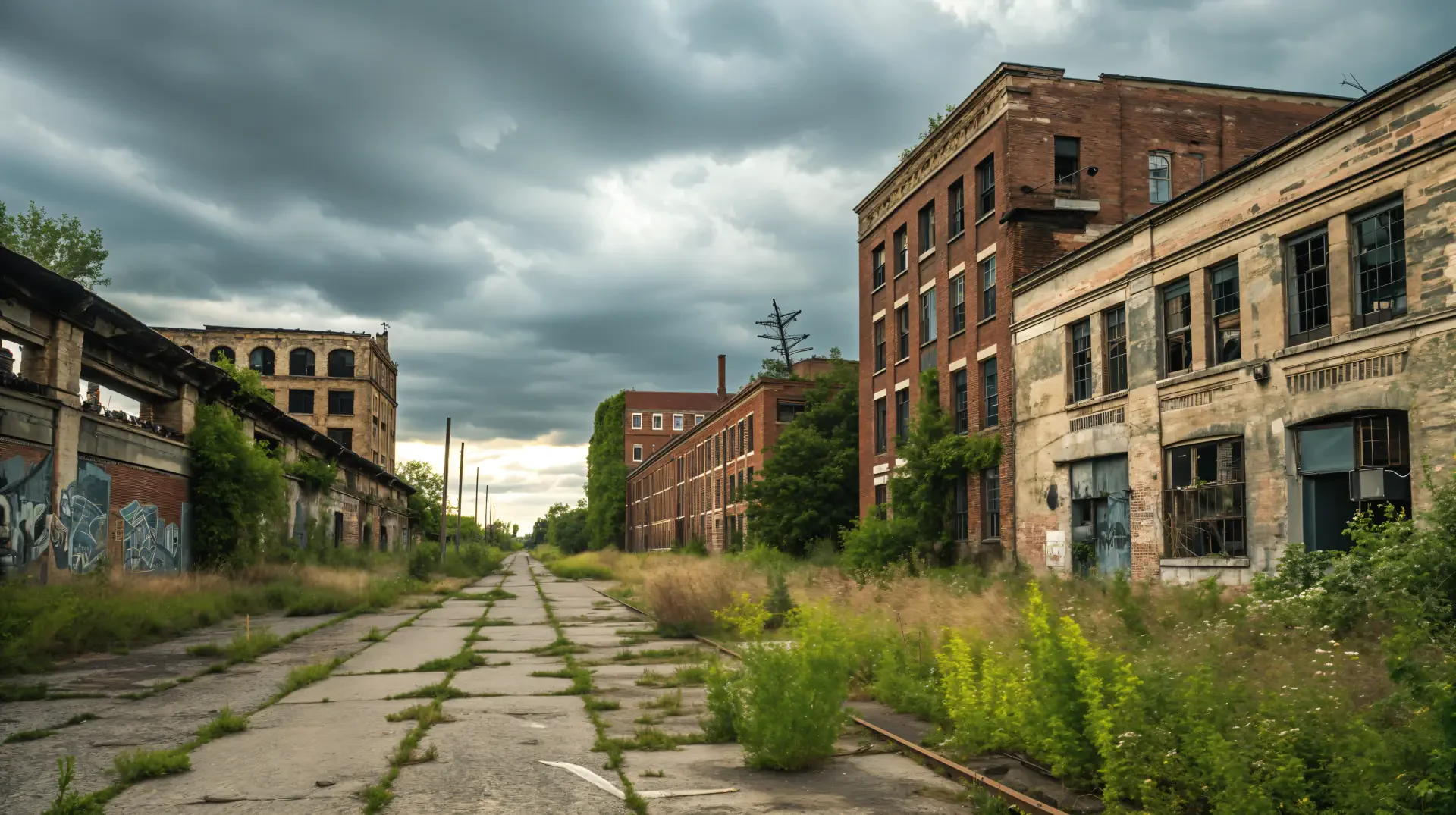 4K Ultra HD desktop wallpaper of an abandoned urban street showing decayed buildings and overgrown vegetation under a cloudy sky.