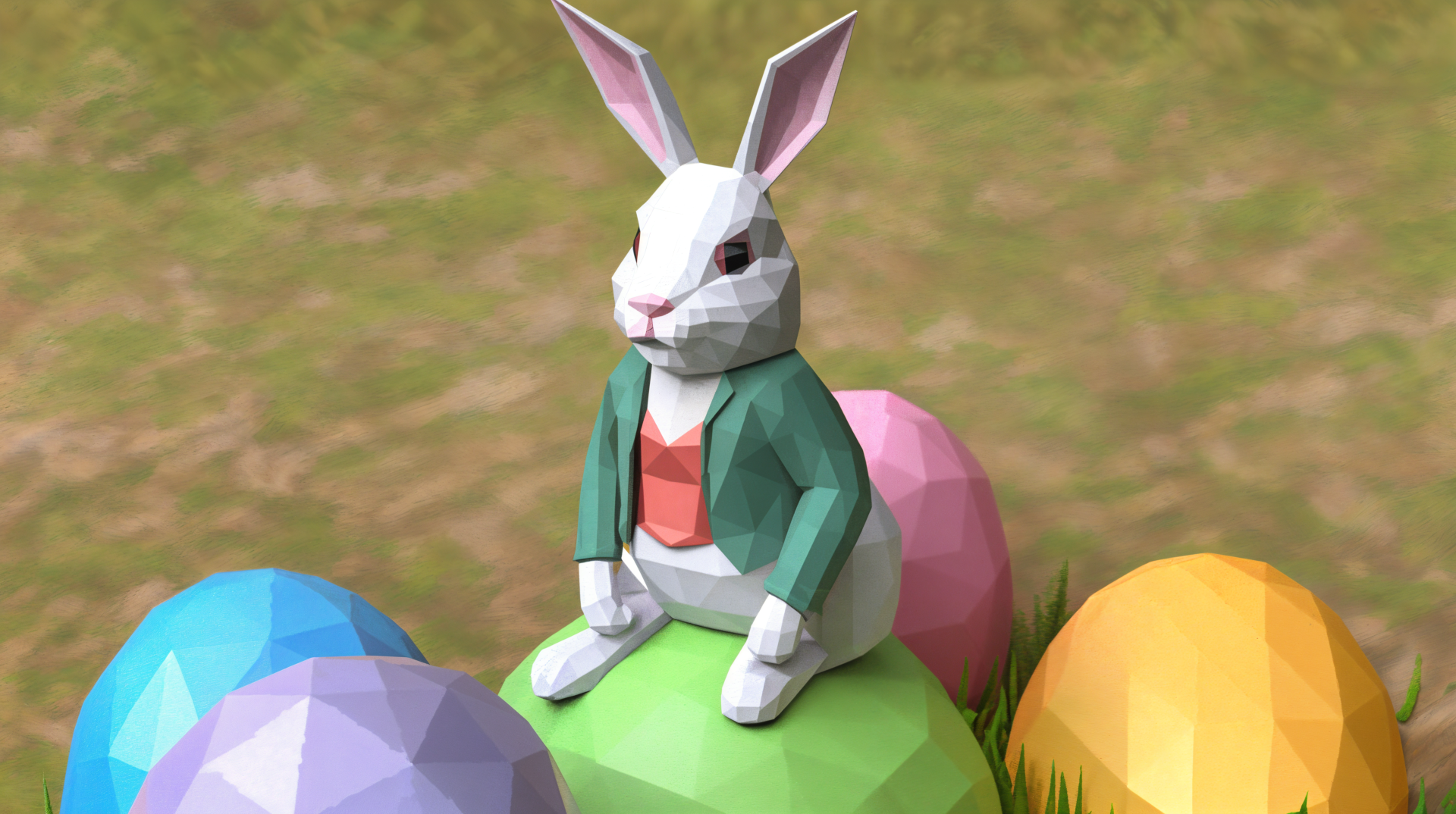 A whimsical Easter bunny sits atop colorful eggs in this vibrant 4K Ultra HD desktop wallpaper, capturing the festive spirit of the season.