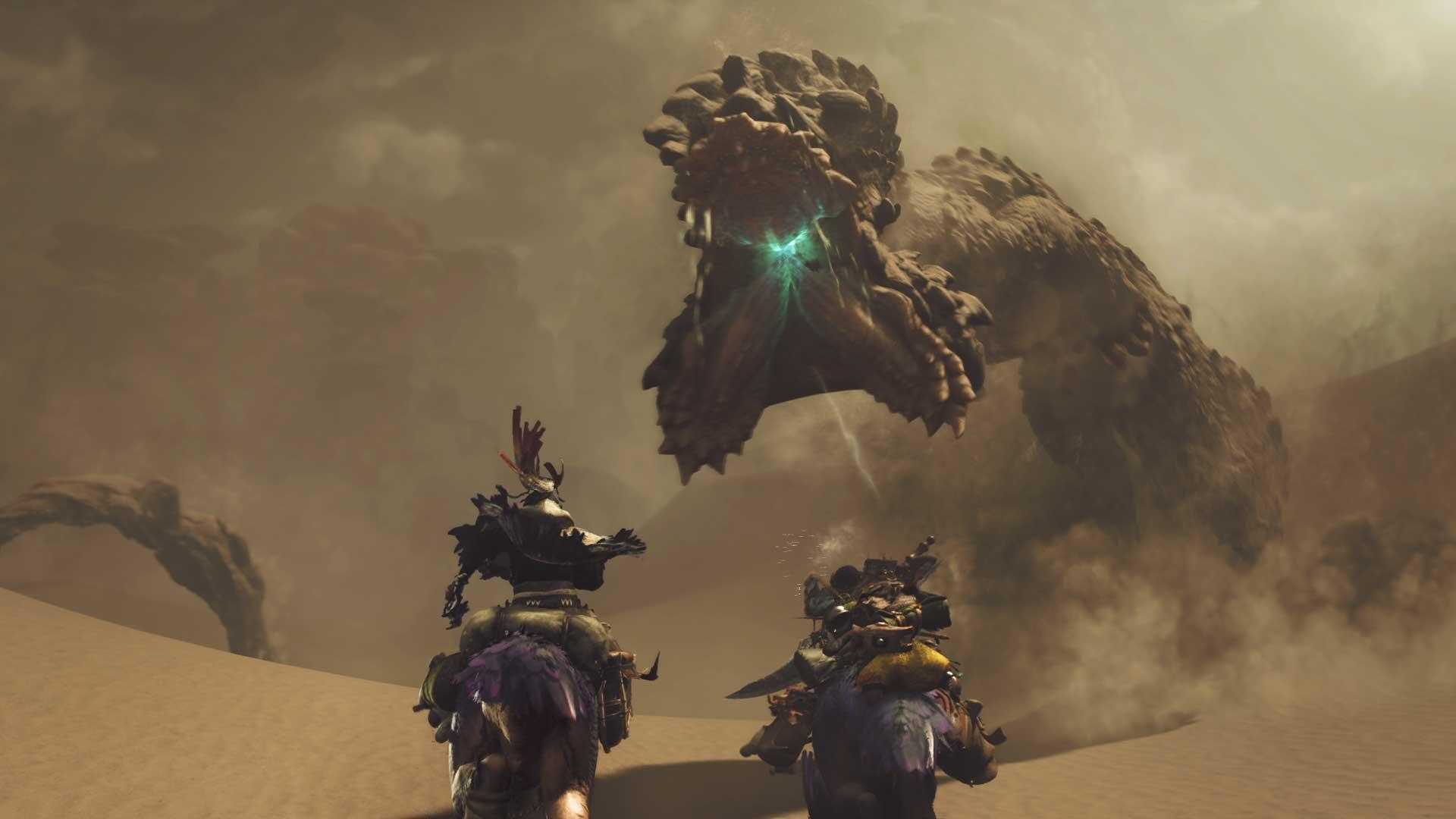 A dramatic scene from Monster Hunter Wilds, featuring two characters on mounts gazing up at a towering monster against a sandy desert backdrop. HD PC desktop wallpaper.