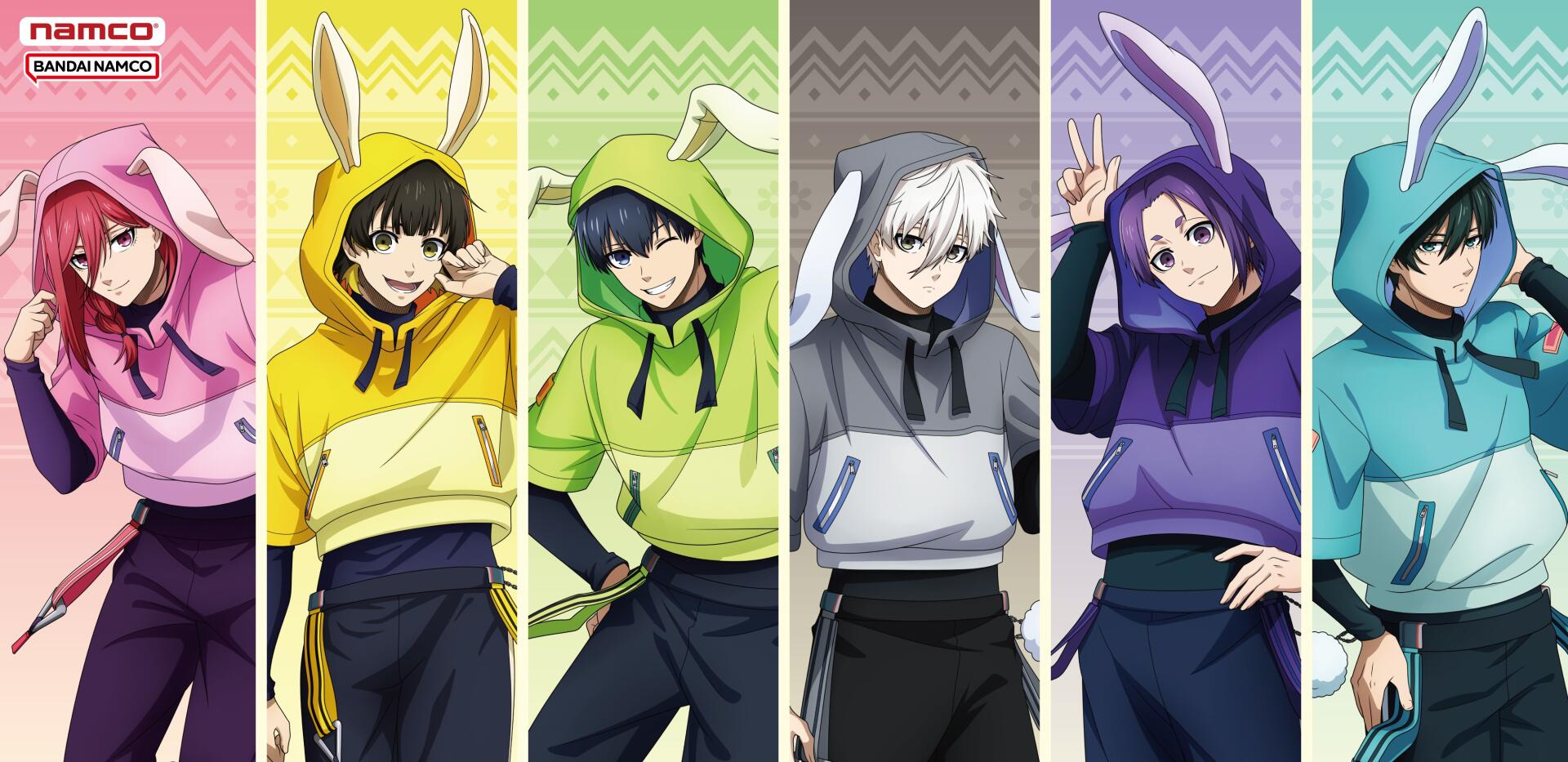 HD PC desktop wallpaper featuring Blue Lock anime characters wearing colorful hoodies with bunny ears against vibrant, patterned backgrounds.