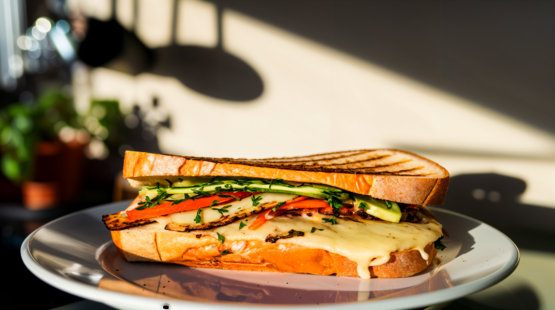 A delicious panini with grilled vegetables and melted cheese sits on a plate, beautifully lit in soft natural light, captured as a 4K Ultra HD PC desktop wallpaper and background.