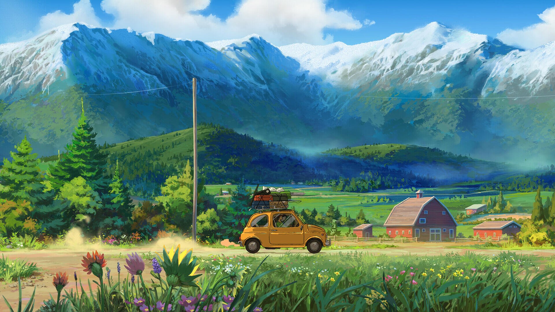 4K Ultra HD anime landscape — Digital Art, AI Art: vintage car drives past wildflowers and barns beneath snow‑capped mountains and a bright blue sky. PC desktop wallpaper background.