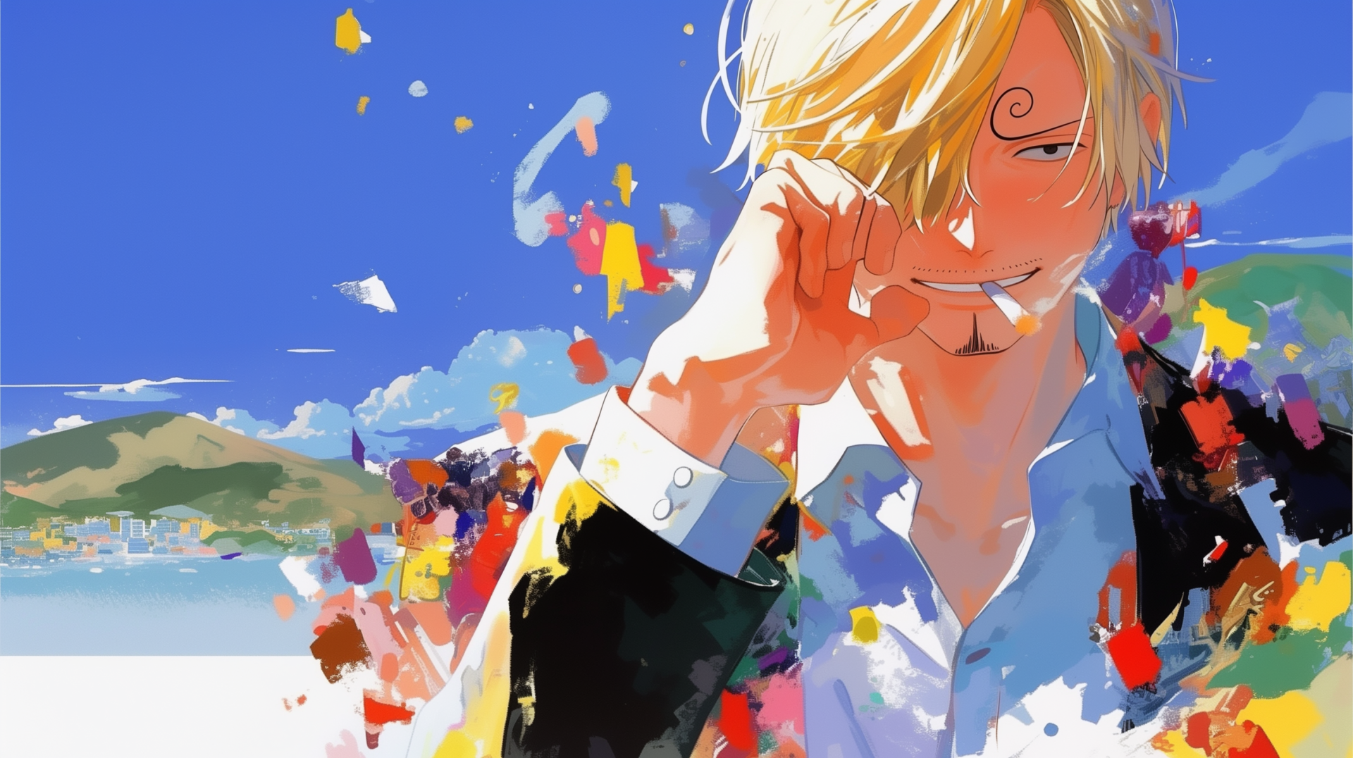 HD wallpaper featuring Sanji from One Piece, showcasing a vibrant, colorful background with bold splashes of paint and a bright blue sky.