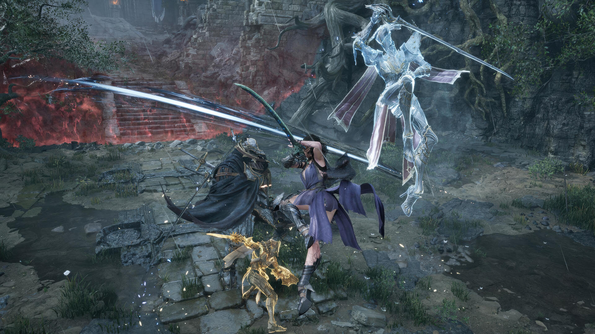 Dynamic scene from the video game *Tides of Annihilation*, featuring characters in a fierce battle with striking swords illuminated in a detailed 4K Ultra HD environment.