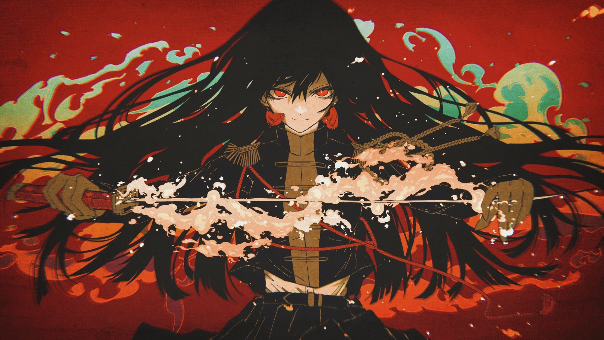 HD PC desktop wallpaper and background: red-themed anime warrior with long black hair and glowing red eyes, slicing a blazing energy blade across a crimson sky.