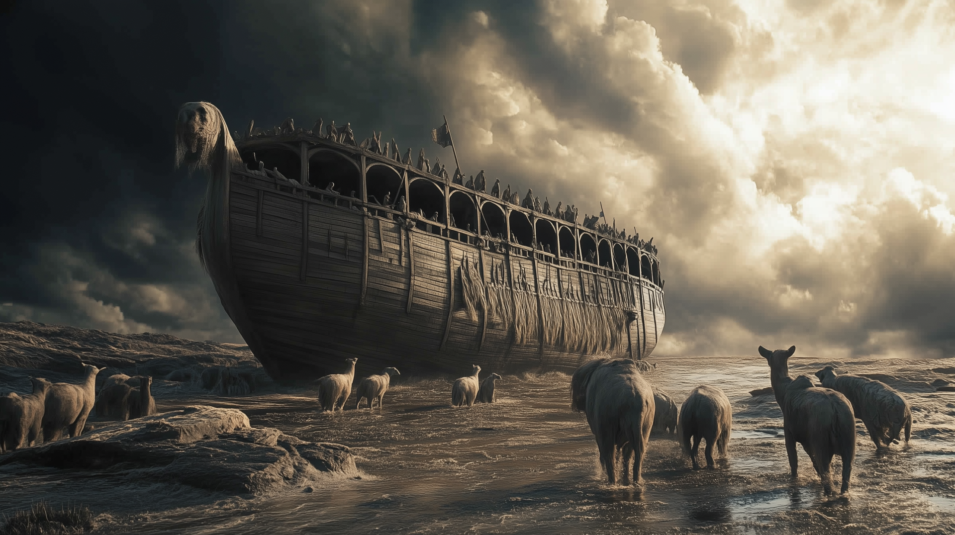 A dramatic depiction of Noah's Ark amidst dark, swirling clouds, surrounded by various animals, creating a powerful religious scene in a high-definition desktop wallpaper format.