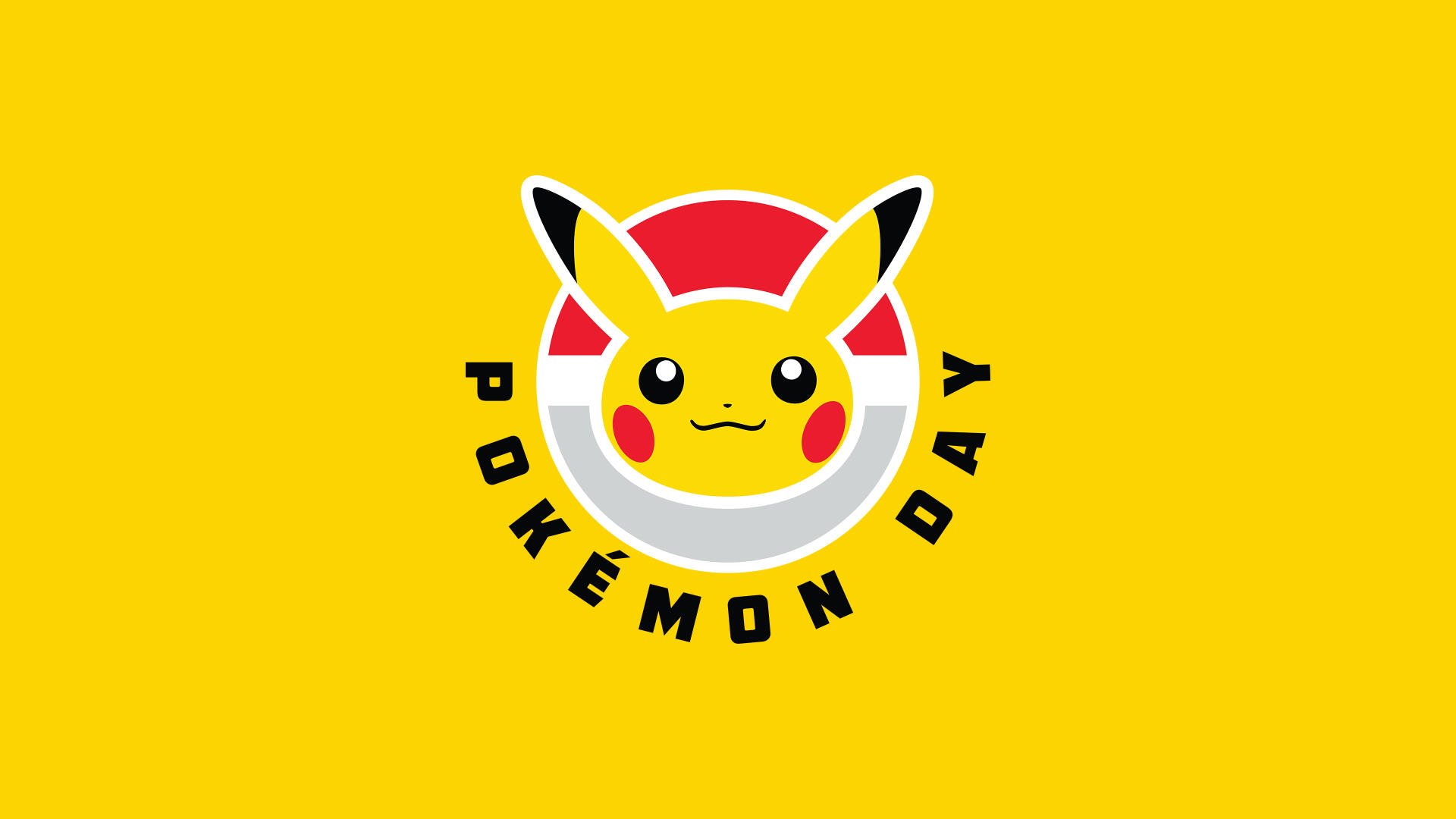 4K Ultra HD Pokemon Day PC desktop wallpaper featuring Pikachu's face inside a red and white Pokeball on a bright yellow background.