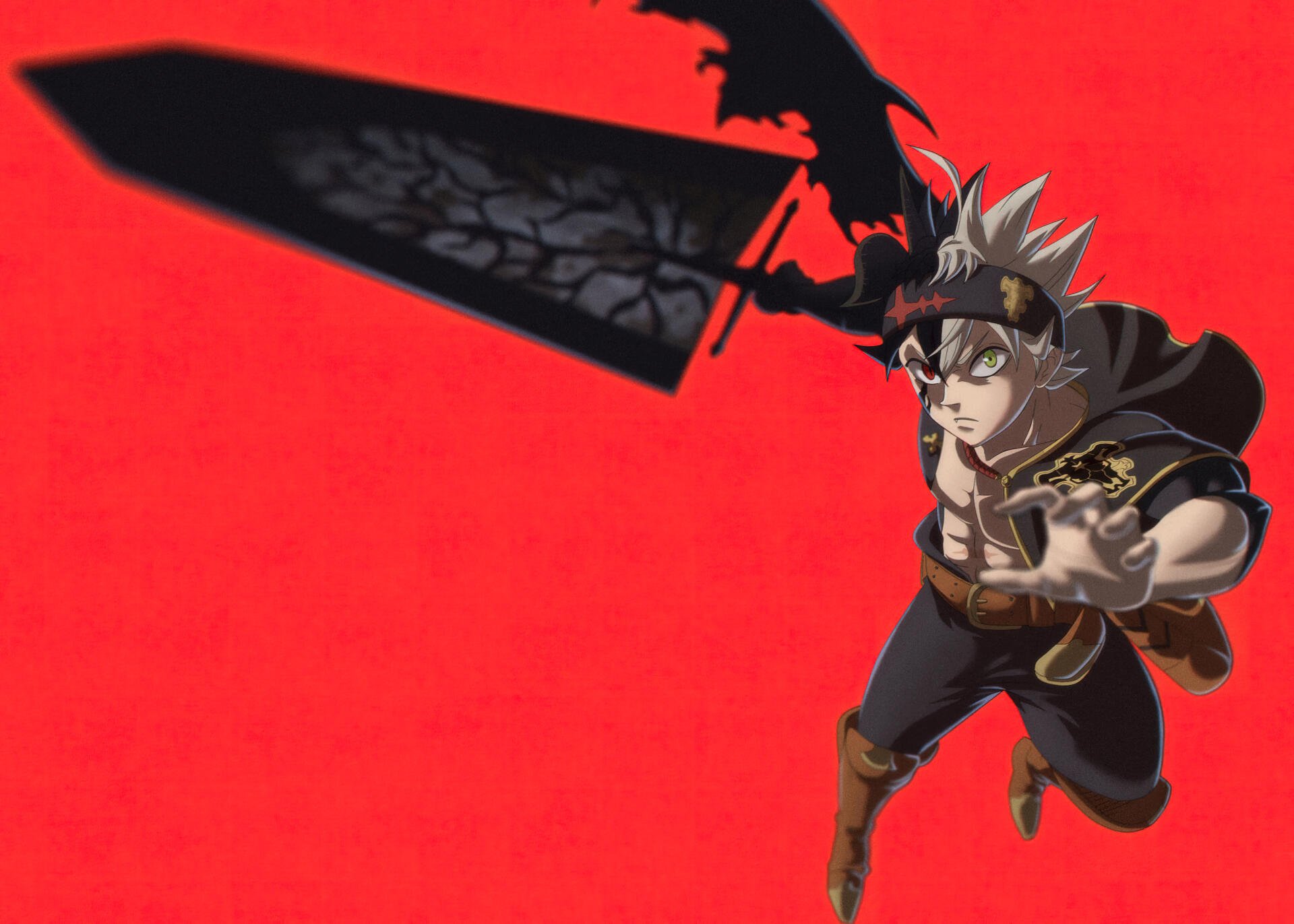 Black Clover 4K Ultra HD PC desktop wallpaper/background featuring Asta lunging forward with his oversized Demon-Slayer sword against a bold red backdrop.