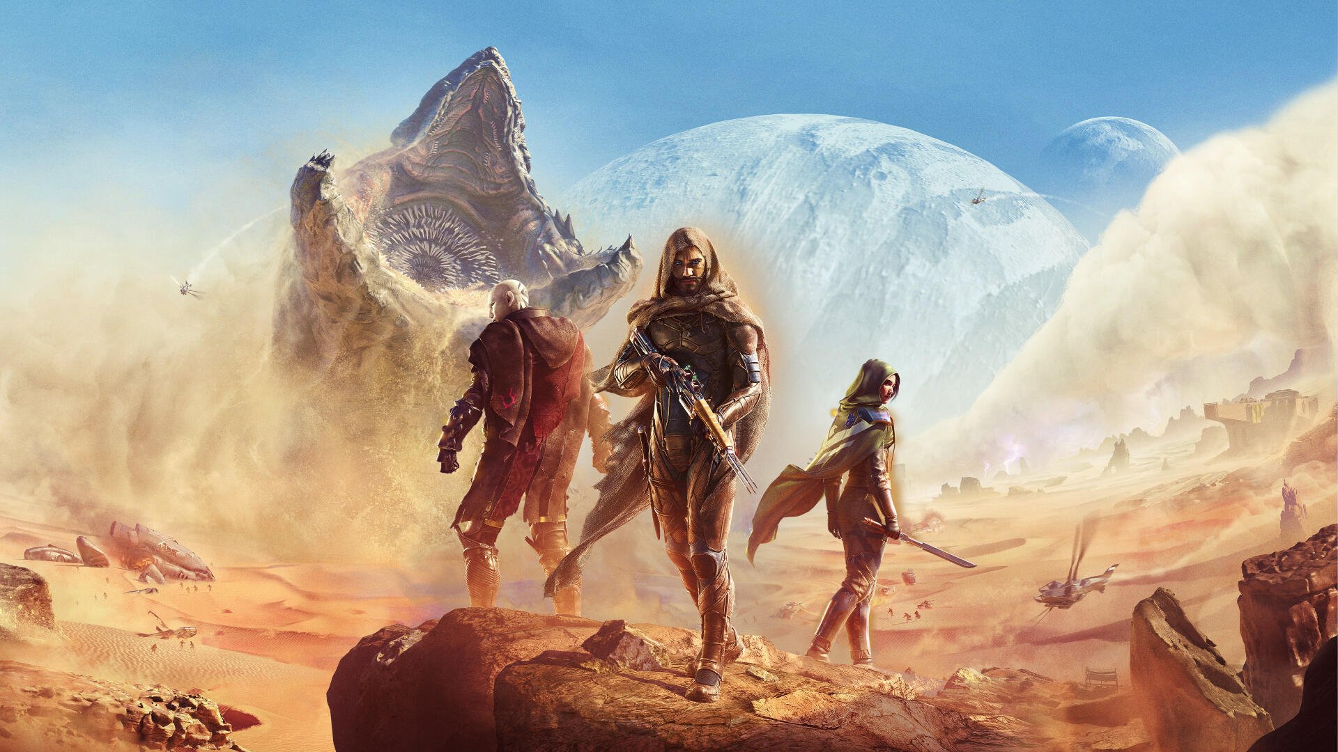 Dune: Awakening 4K Ultra HD PC wallpaper featuring three armored figures walking on a desert landscape with colossal sandworms and a large planet in the sky.
