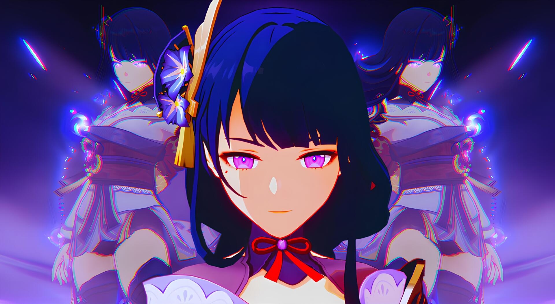 5K Ultra HD PC wallpaper of Ei (Genshin Impact) in Inazuma: close-up of her purple-eyed face with mirrored figures, neon-purple aura, ornate hair accessory and kimono.