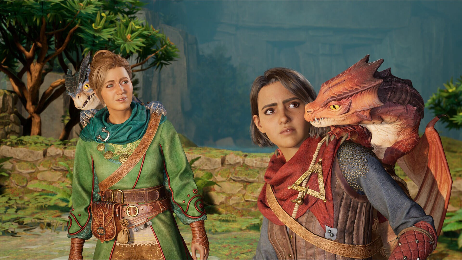 A captivating HD PC desktop wallpaper from the video game Split Fiction, featuring characters in intricate costumes and a mystical dragon in a lush, vibrant setting.