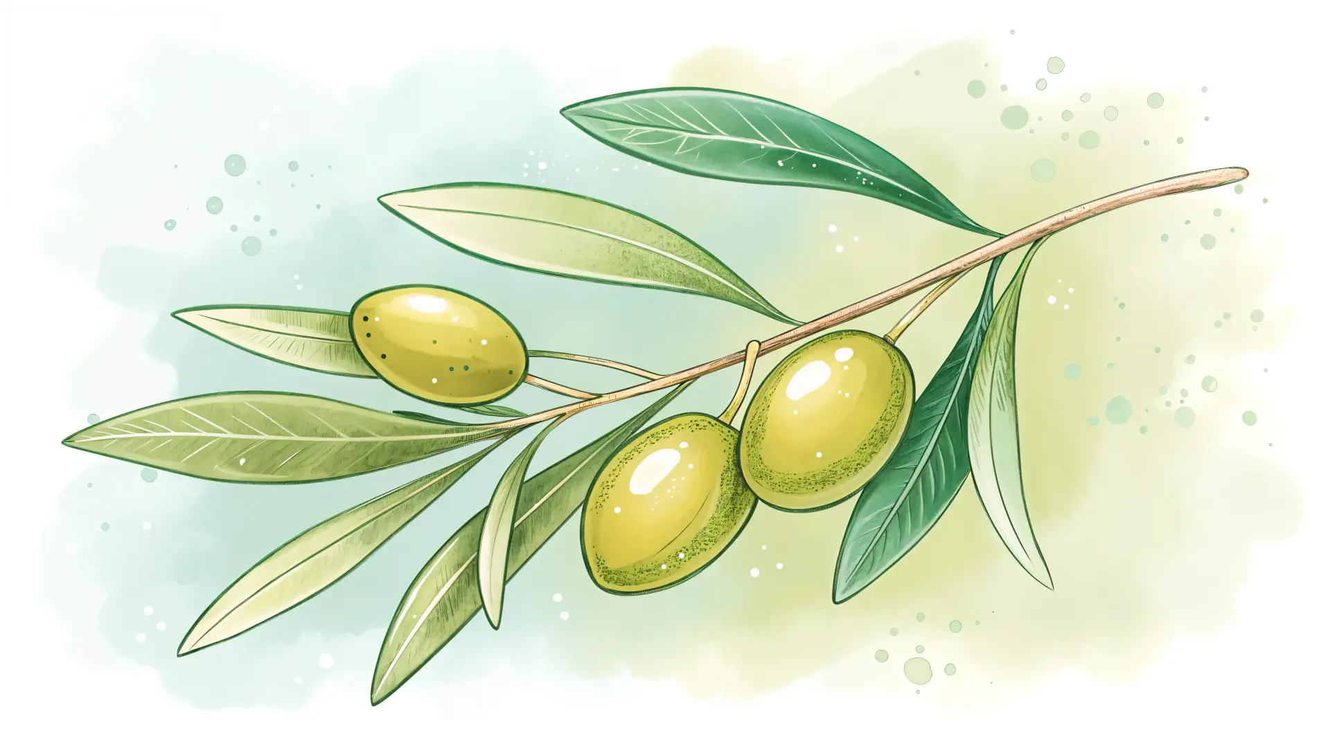 A vibrant illustration of a branch with green olives and leaves, set against a soft, pastel background, designed as a 4K Ultra HD PC desktop wallpaper and background.