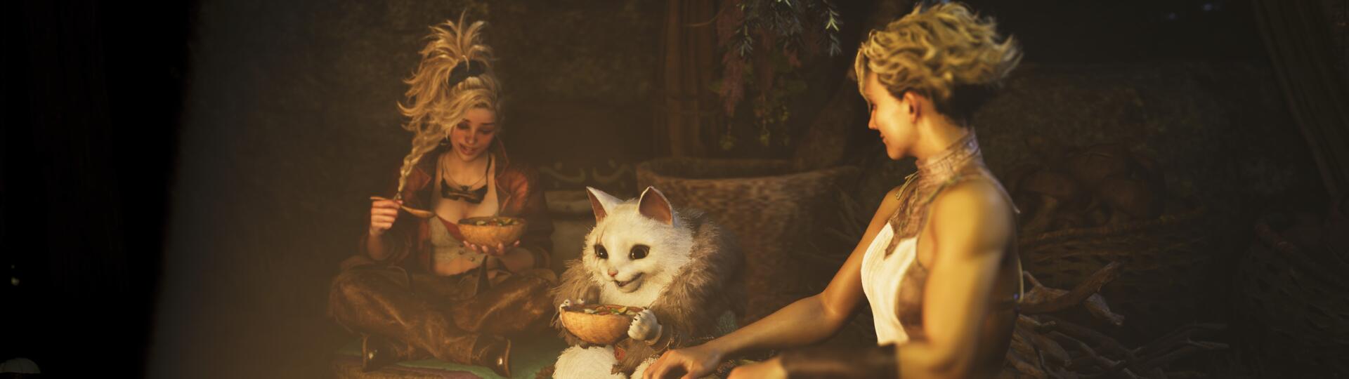 Gemma and Olivia from Monster Hunter Wilds enjoy a moment together, sharing food with a fluffy white creature, set against a warm, inviting background in this HD wallpaper.