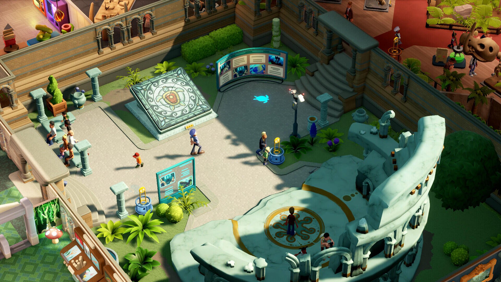 A vibrant scene from the video game Two Point Museum, showcasing a detailed museum courtyard filled with visitors, exhibits, and lush greenery, designed as a stunning HD desktop wallpaper.