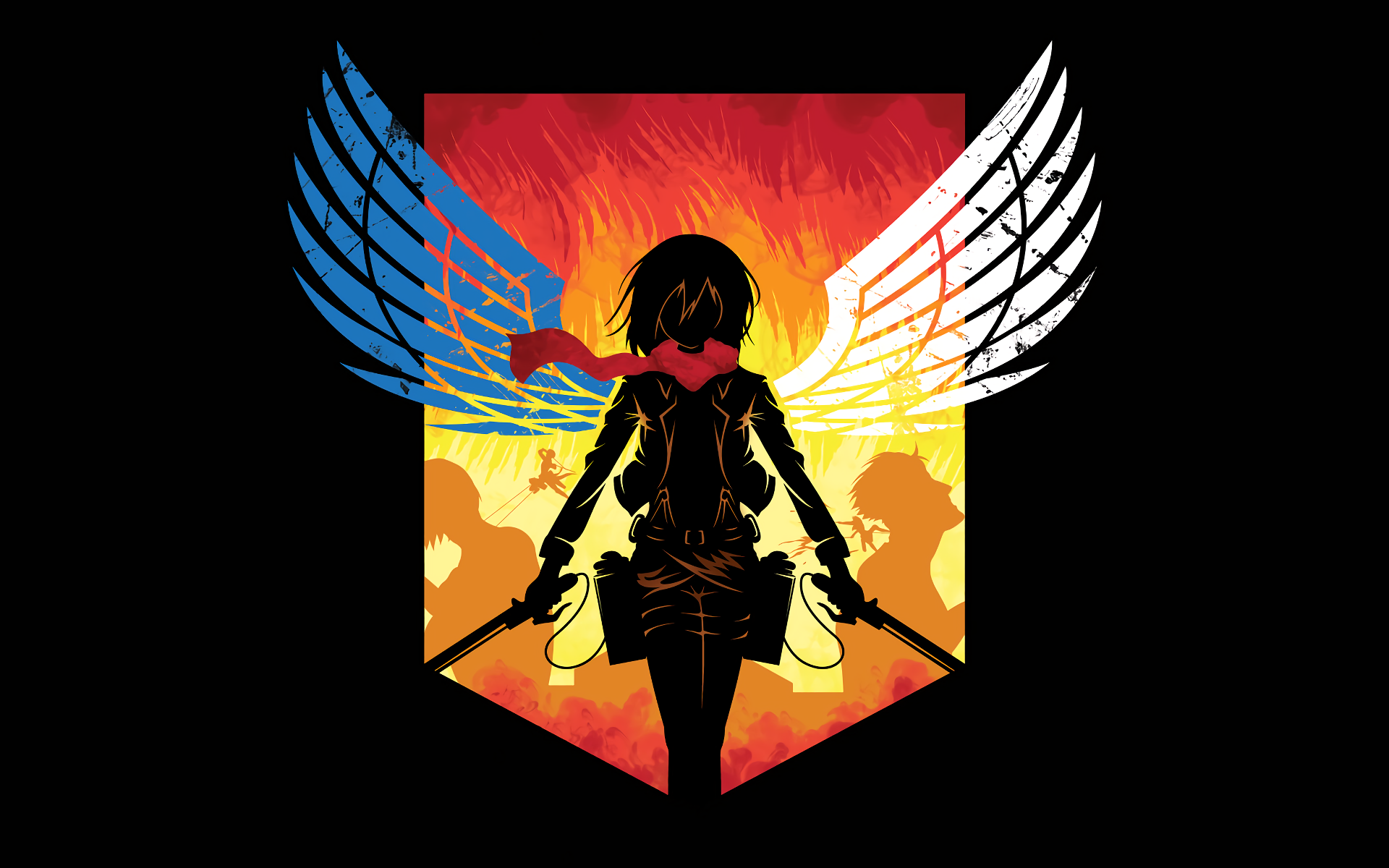 HD desktop wallpaper featuring Mikasa Ackerman from Attack on Titan, silhouetted with vibrant blue and white wings against a fiery red and orange background.