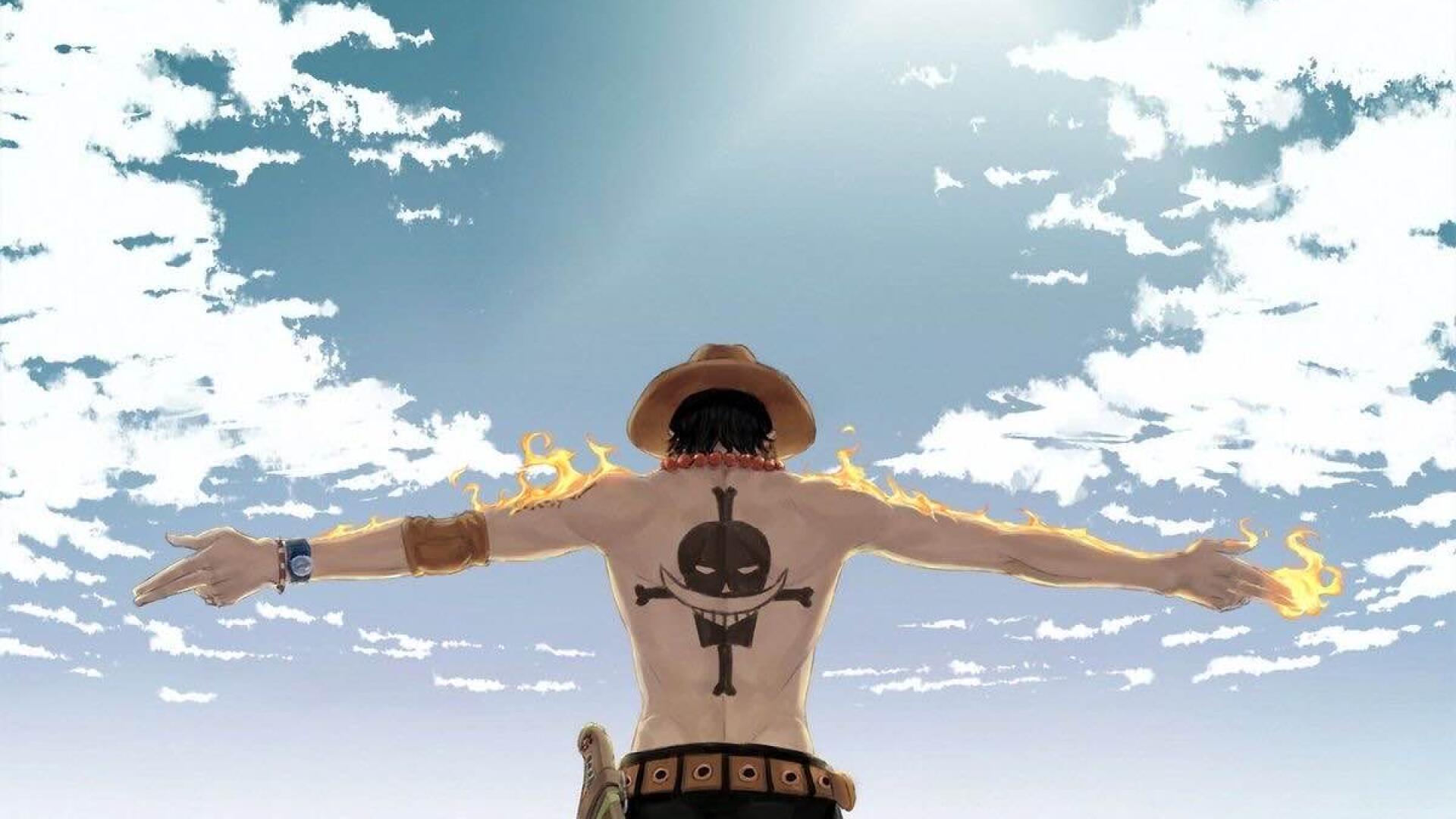 HD One Piece PC desktop wallpaper featuring a rear view of a character with outstretched arms against a bright sky with scattered clouds.
