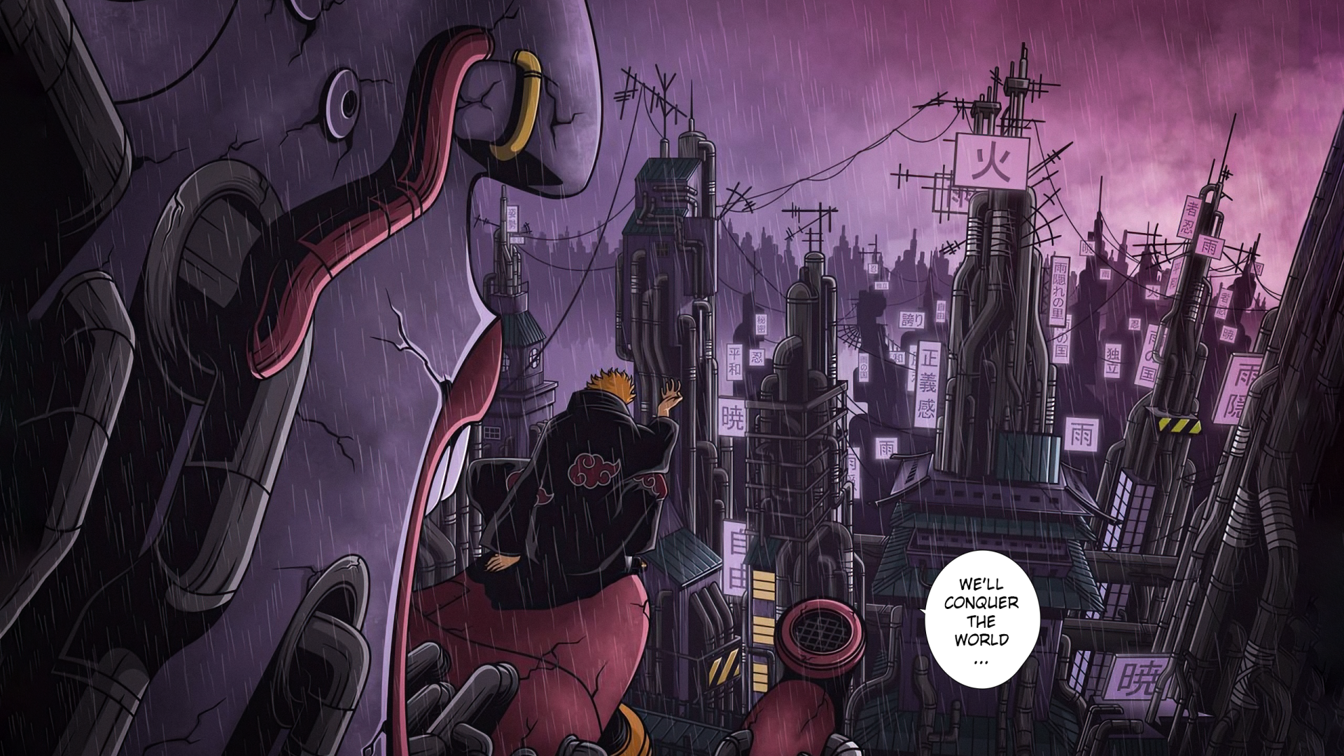 HD PC desktop wallpaper featuring Pain from Naruto standing in a dark, dystopian cityscape with ominous clouds, in anime and manga style.
