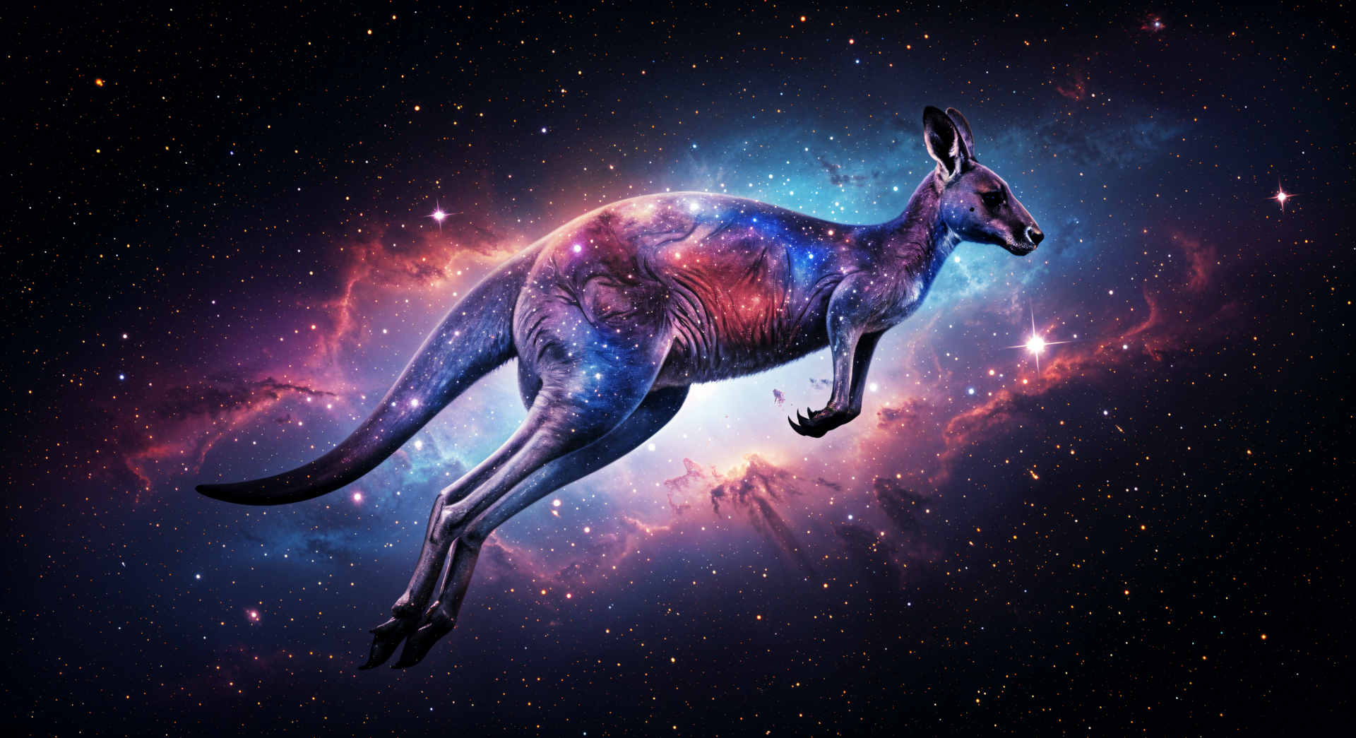 A vibrant kangaroo is depicted leaping through a cosmic landscape, showcasing a stunning galaxy backdrop. This captivating image serves as a 4K Ultra HD desktop wallpaper.