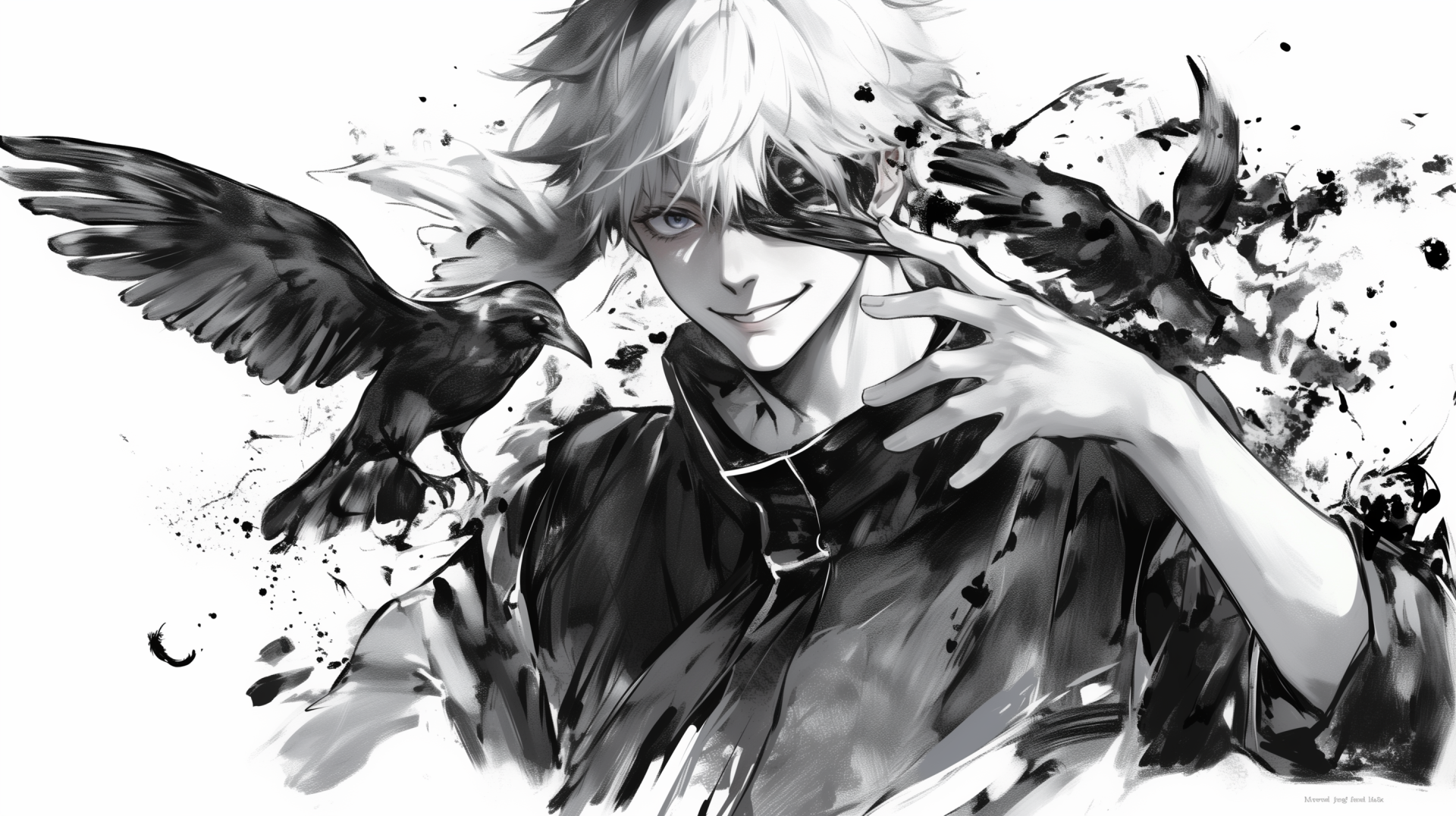 A stunning HD wallpaper featuring Satoru Gojo from Jujutsu Kaisen, with a dynamic black-and-white design and crows, showcasing an artistic manga style.