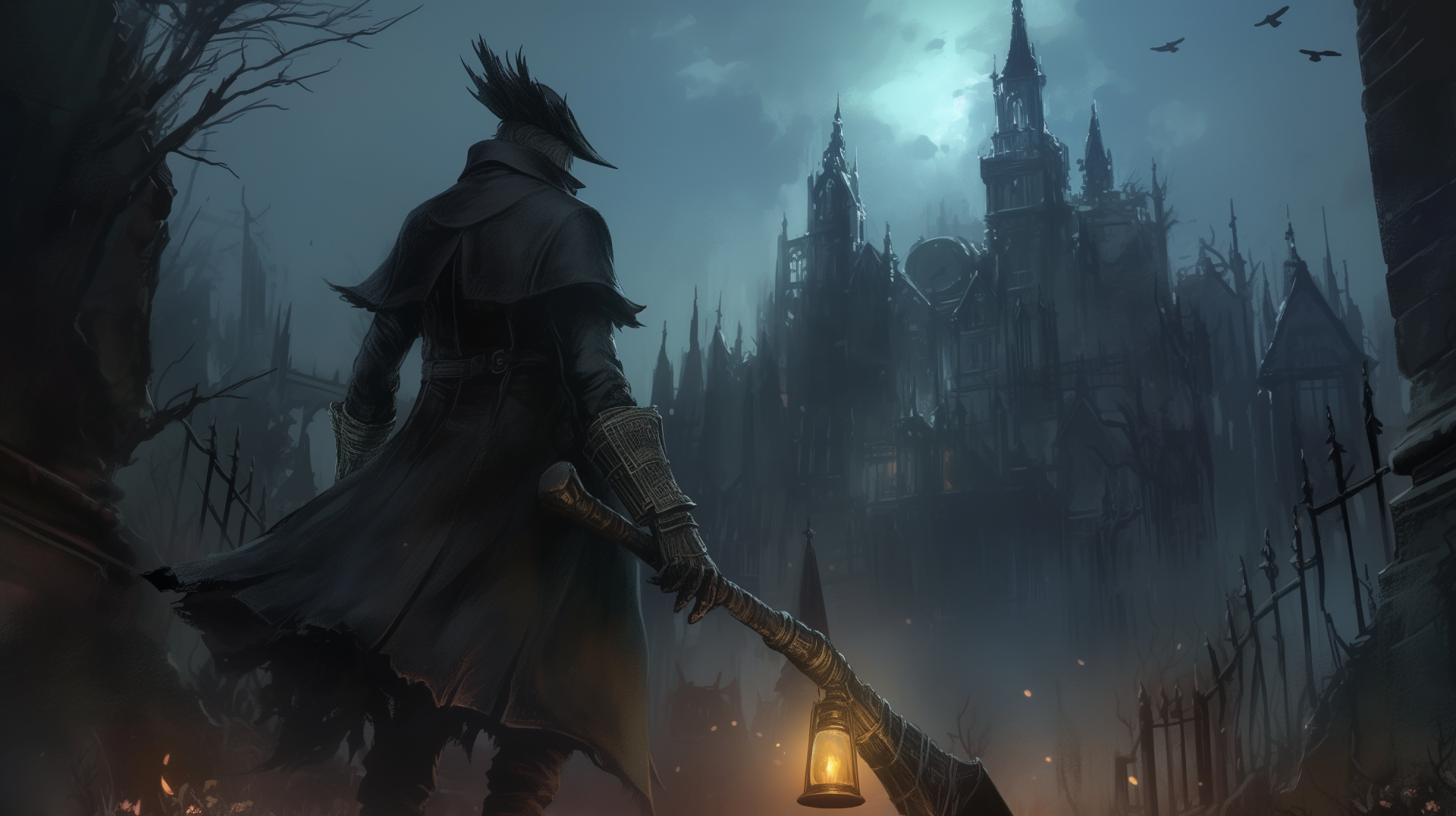 A dark and atmospheric HD wallpaper from the video game Bloodborne, featuring a cloaked figure holding a lantern, standing before a mysterious castle under a moody sky.