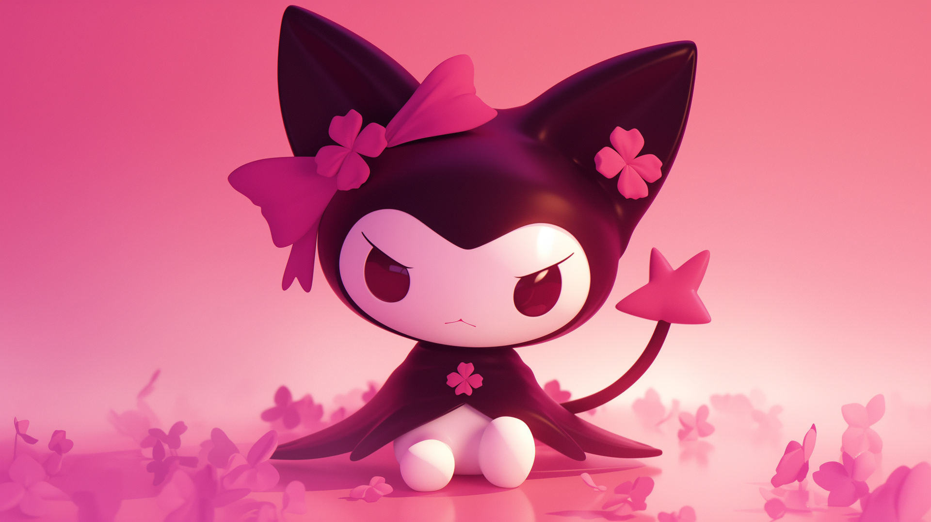 HD anime wallpaper featuring Kuromi from Onegai My Melody, set against a soft pink background with cherry blossoms and a playful, confident expression.