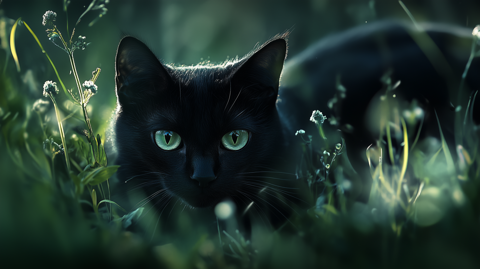 HD desktop wallpaper featuring a black cat with striking green eyes peeking through grass and foliage in a dimly lit natural setting.
