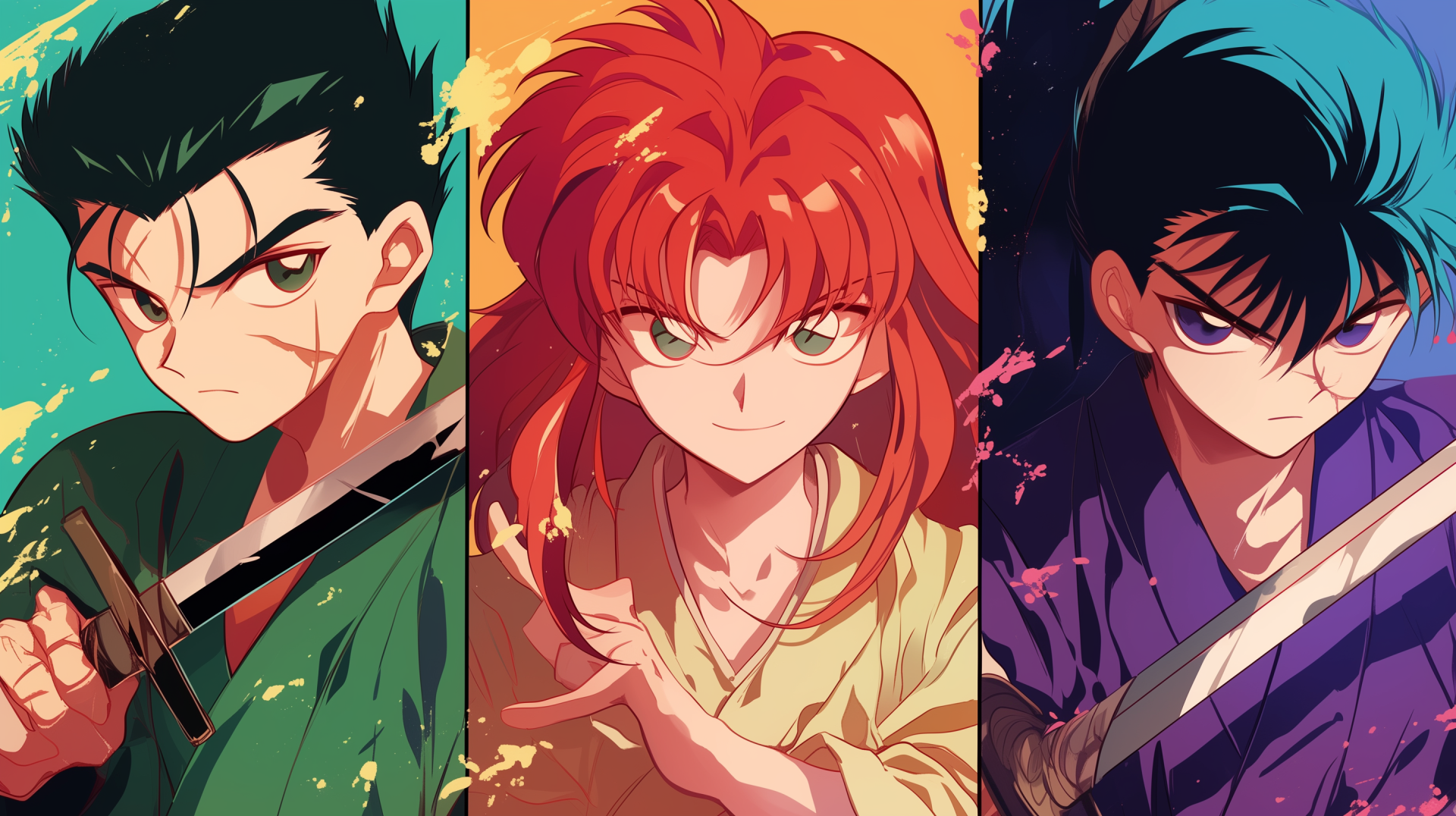 A vibrant HD anime wallpaper featuring characters from Yu Yu Hakusho, showcasing dynamic poses and colorful backgrounds that highlight their distinctive personalities and styles.