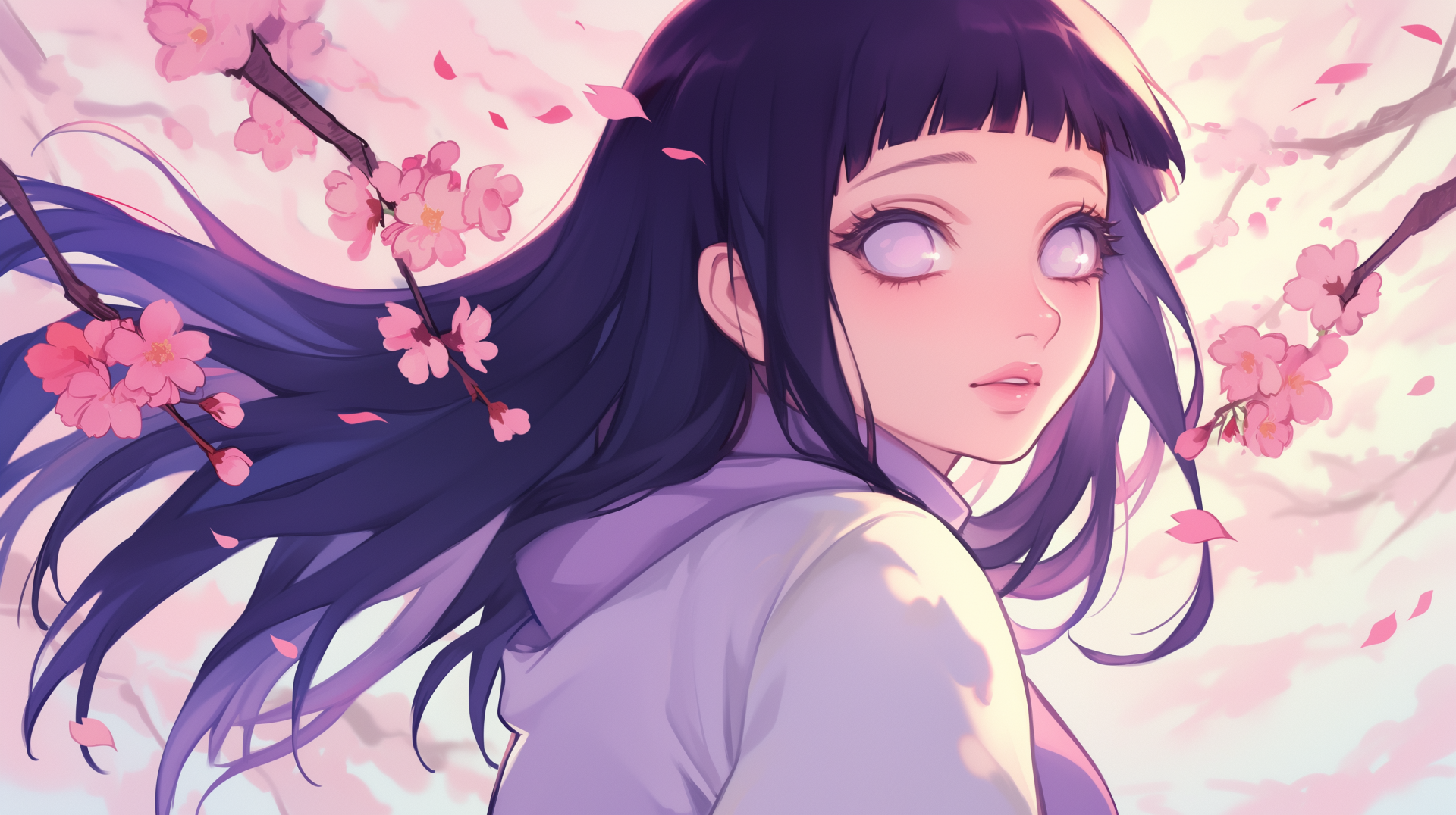 An anime-style HD wallpaper featuring Hinata Hyuga, with flowing hair and a serene expression surrounded by blossoming cherry blossoms.