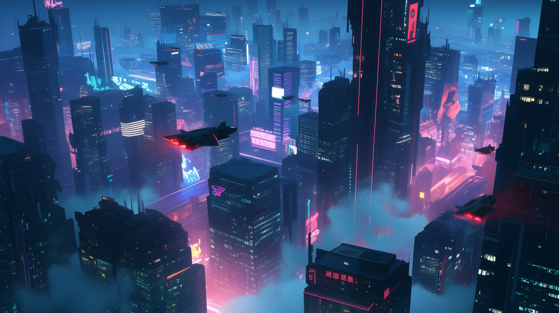 A vibrant cyberpunk cityscape under neon lights, featuring futuristic skyscrapers and flying cars. This HD wallpaper immerses viewers in an electrifying urban environment.
