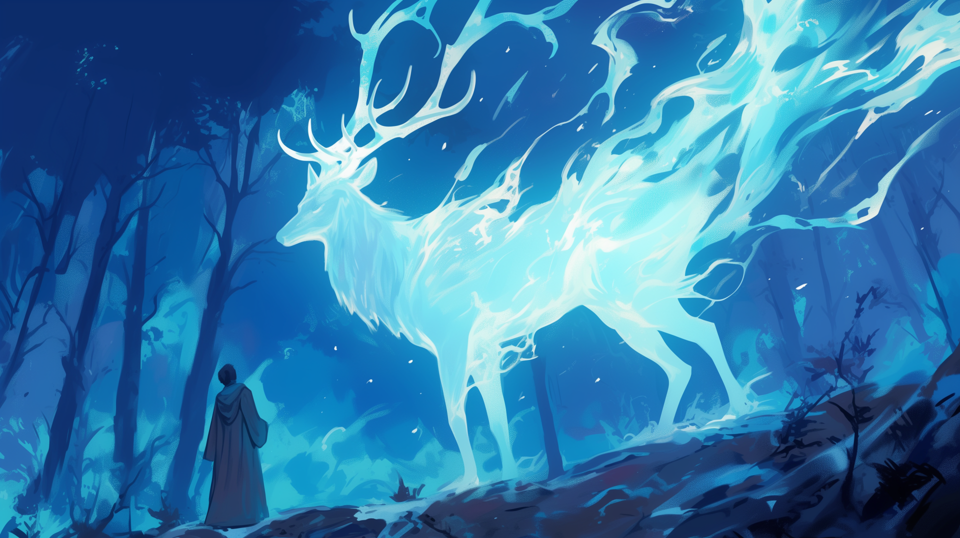 HD PC wallpaper featuring a blue anime-style illustration of Harry Potter summoning his luminous Patronus stag in a dark forest.