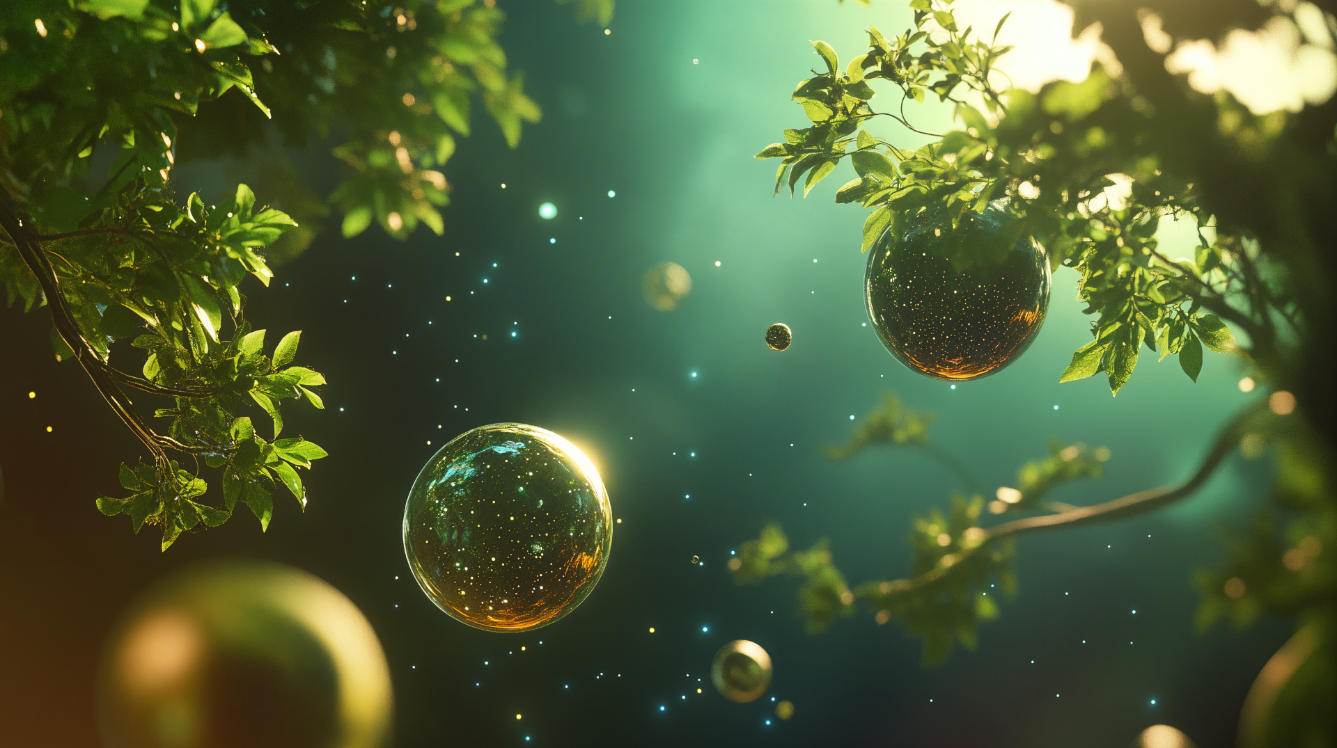 A lush scene featuring green leaves and floating orbs, set against a soft, ethereal background. This vibrant image captures the beauty of nature and plant life in stunning 4K Ultra HD.