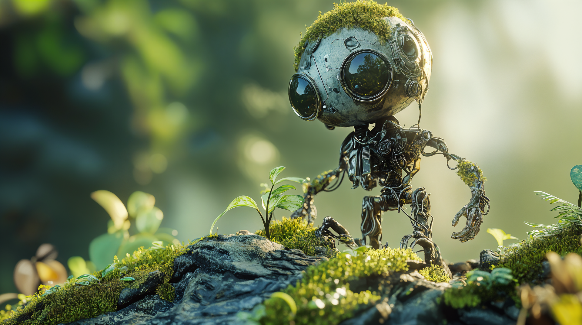 A whimsical sci-fi robot with large eyes and mossy sprout accents stands on a moss-covered rock, surrounded by lush greenery in this vibrant 4K Ultra HD desktop wallpaper.
