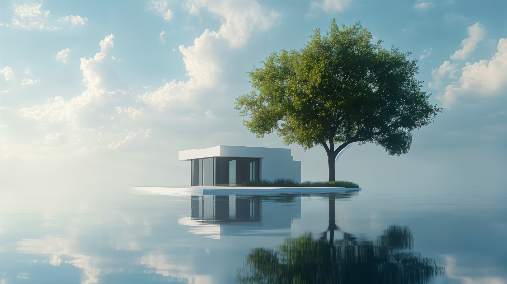 A serene modern structure beside a lush tree, reflected in calm waters under a clear blue sky, featured as a 4K Ultra HD desktop wallpaper and background.