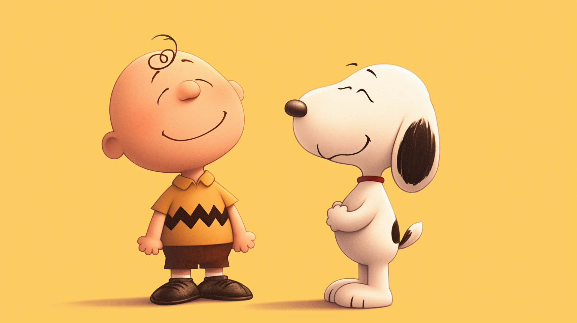 Charlie Brown and Snoopy share a joyful moment against a warm yellow background in this HD wallpaper from The Snoopy Show, radiating cuteness and nostalgia.