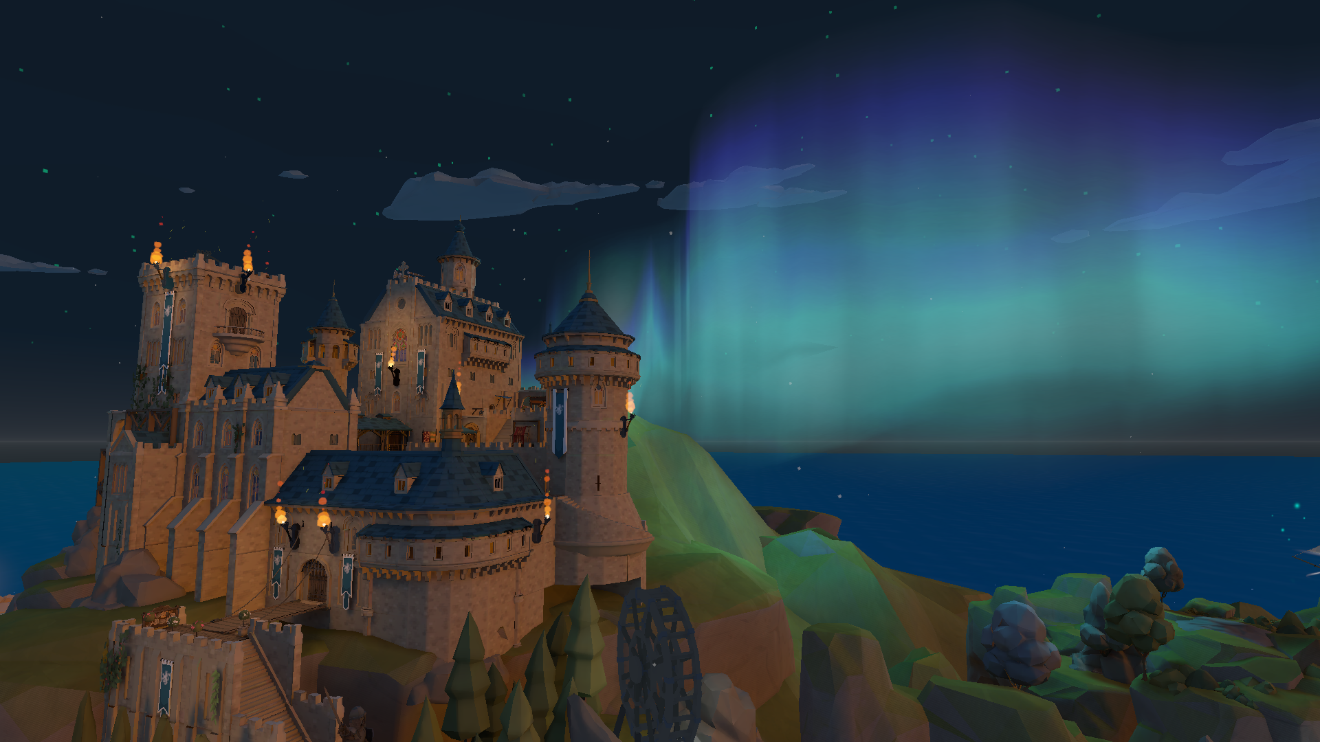 A stunning HD desktop wallpaper featuring a magical castle in the fictional land of Nordhold, illuminated by a colorful aurora against a night sky.