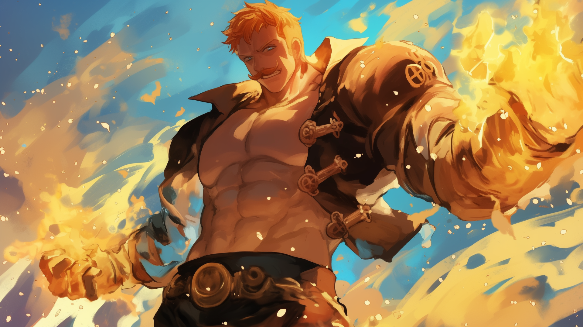 An HD desktop wallpaper featuring Escanor from The Seven Deadly Sins, showcasing his powerful presence with flames and a dynamic background.