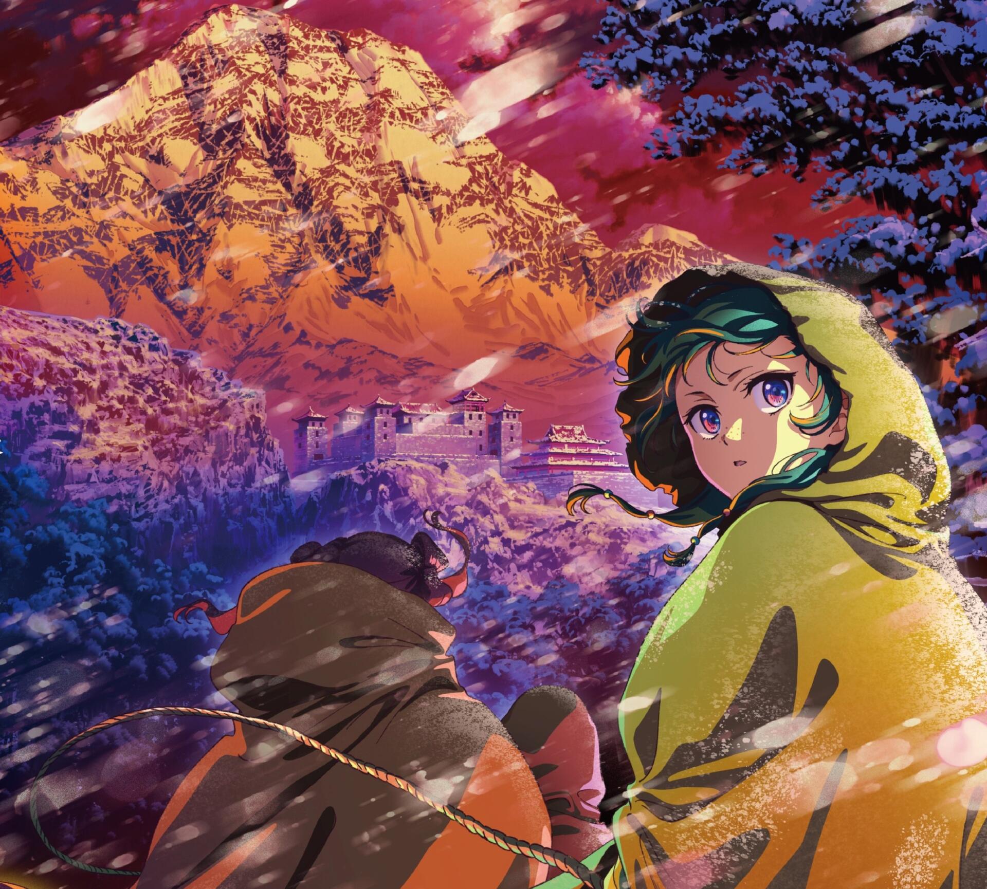 HD anime wallpaper featuring Maomao from The Apothecary Diaries, set against a vibrant, detailed background of an ancient city at sunset.