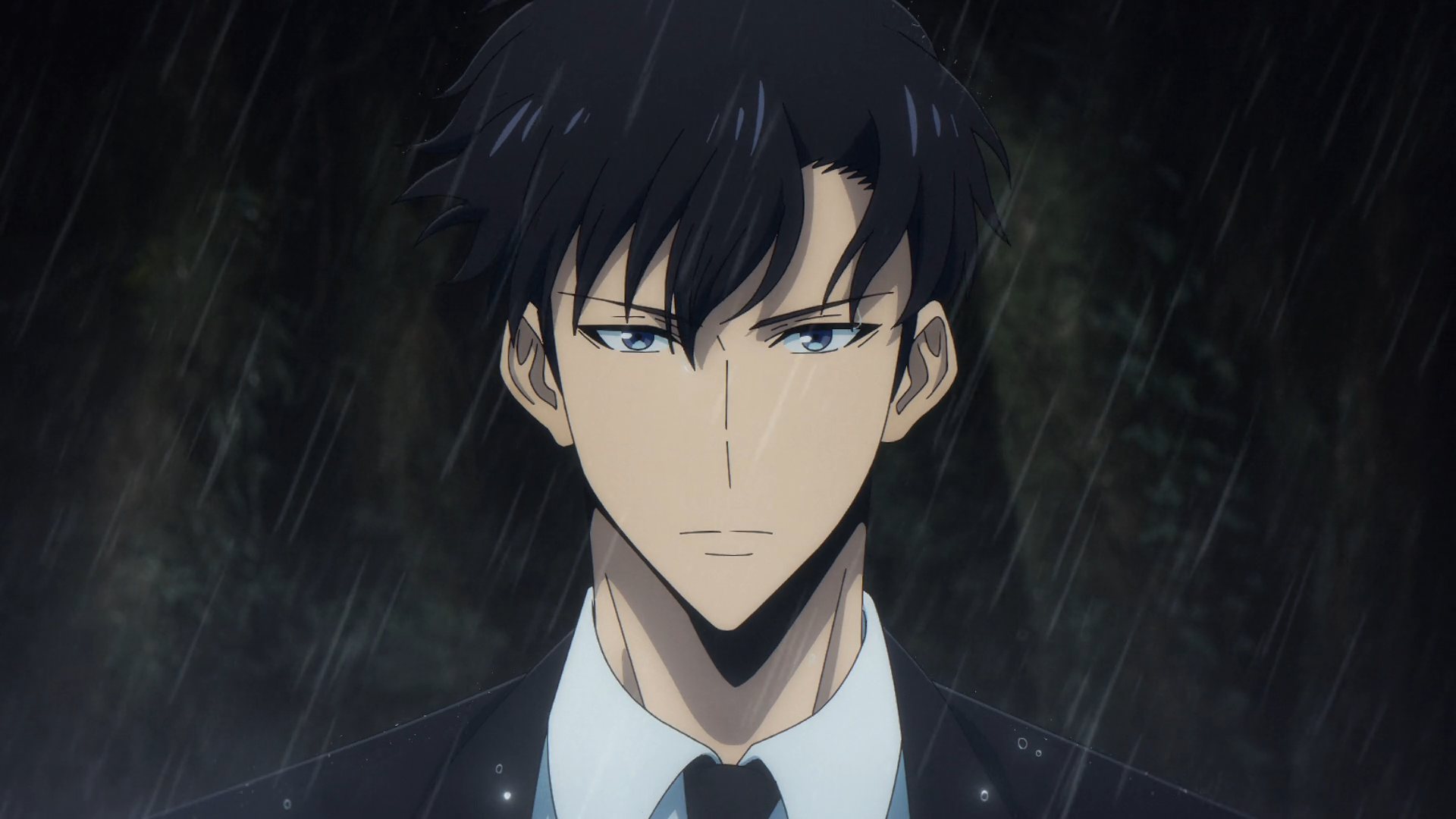 HD PC anime desktop wallpaper of Sung Jin-Woo from Solo Leveling: dark-haired man in suit and tie with a stoic expression against a rain-dim, shadowy background.