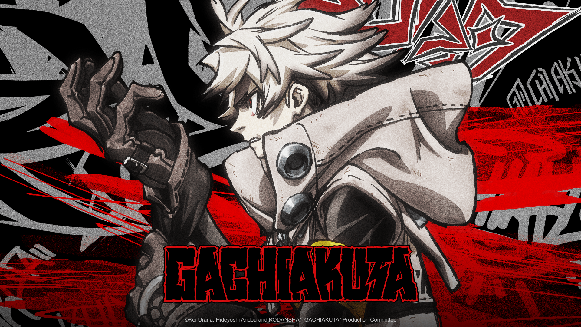 4K Ultra HD PC desktop wallpaper featuring the character Rudo Surebrec from Gachiakuta, with dynamic red and black graffiti-style background elements.