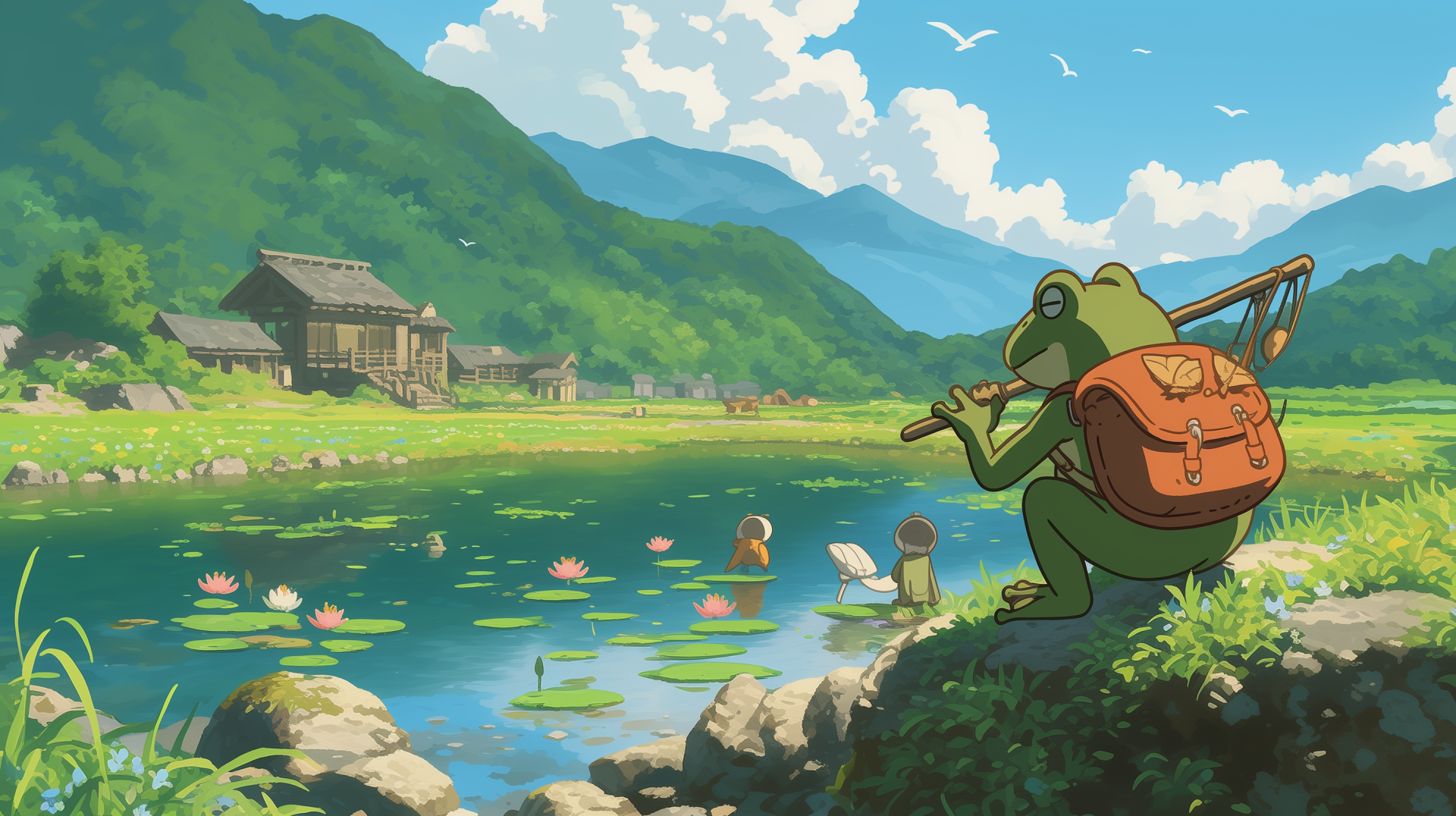 A serene anime scene featuring Keroppi, inspired by Studio Ghibli and Sanrio, showcases a frog playing a flute by a tranquil river surrounded by lush mountains and blooming lilies.