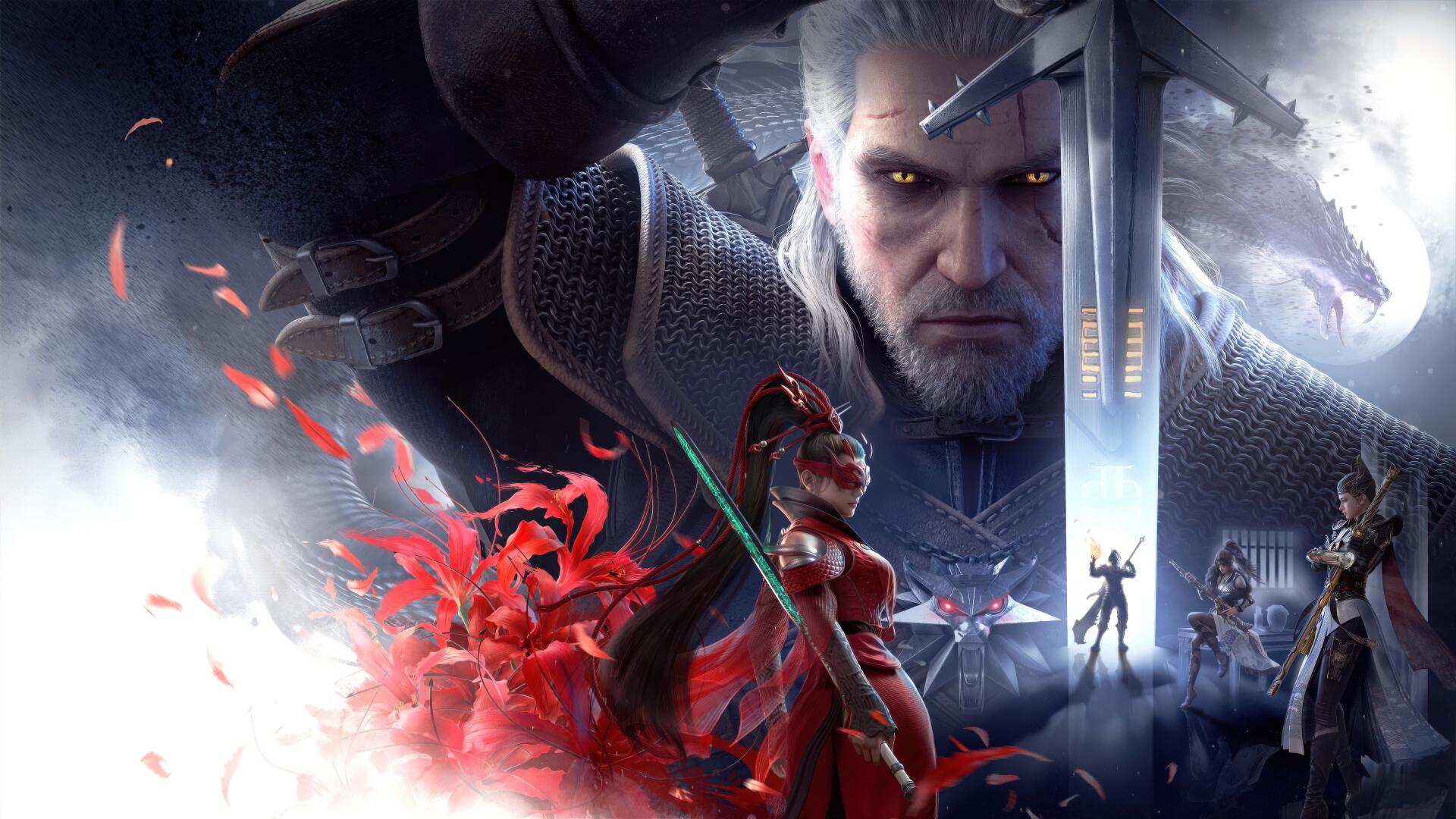 A striking 4K Ultra HD wallpaper featuring Geralt of Rivia from Naraka: Bladepoint, showcasing intense action and dramatic visuals with vibrant colors and dynamic characters.