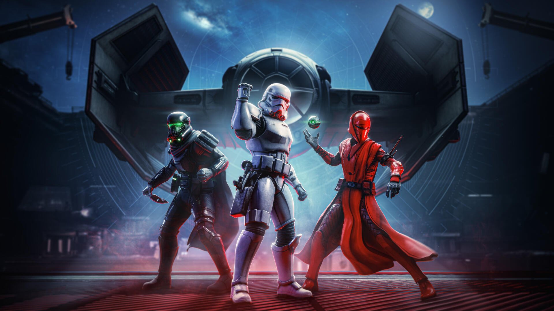 A striking 8K Ultra HD wallpaper featuring a crossover of Destiny 2 and Star Wars, showcasing a stormtrooper alongside two unique characters against a dramatic cosmic backdrop.