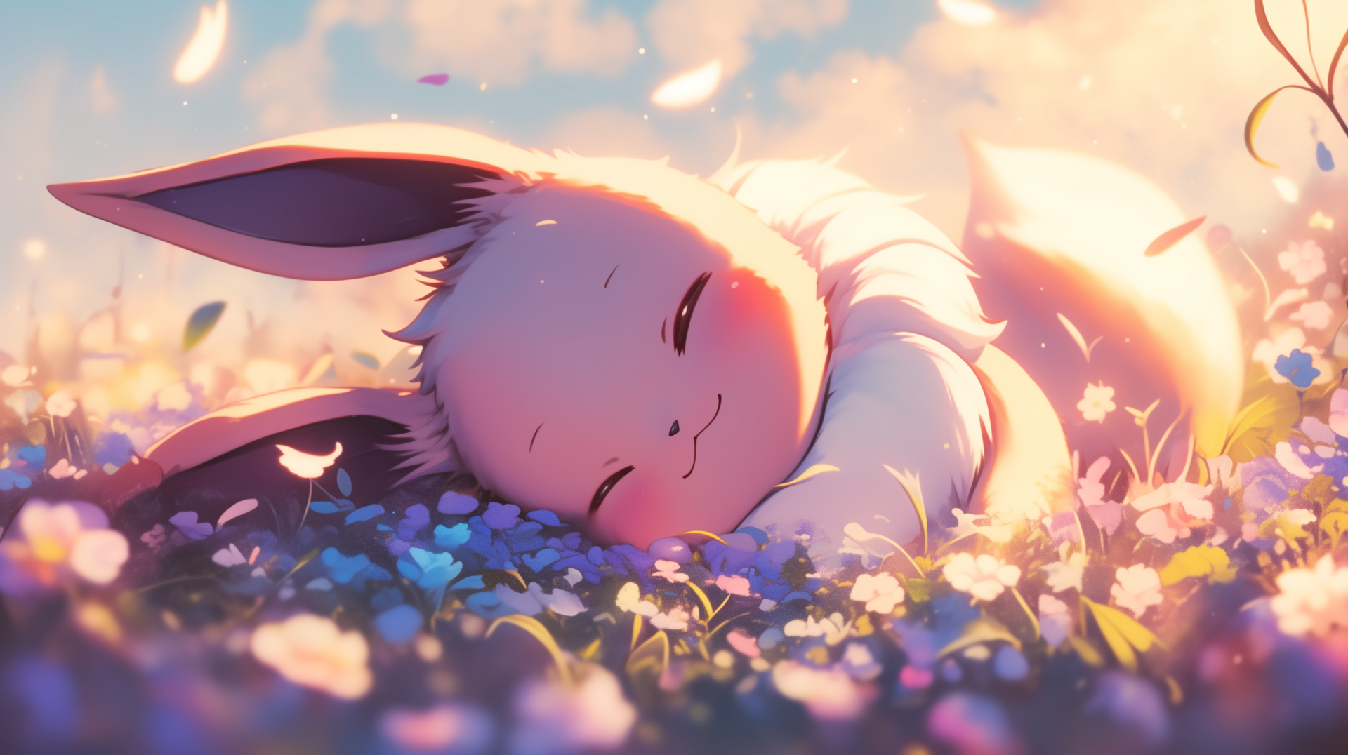 Anime-style HD desktop wallpaper featuring Eevee from Pokémon peacefully resting among vibrant flowers in a softly lit outdoor setting.