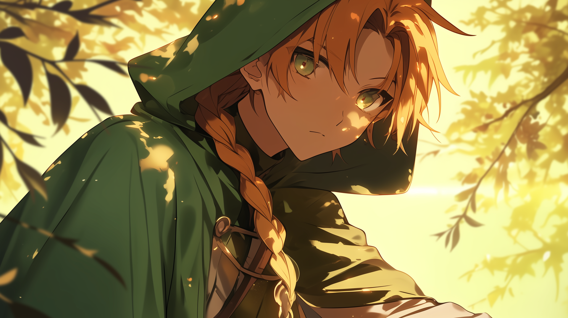 Rudeus Greyrat from Mushoku Tensei: Jobless Reincarnation is depicted in an HD anime wallpaper, showcasing his braided hair and contemplative expression in a natural setting.