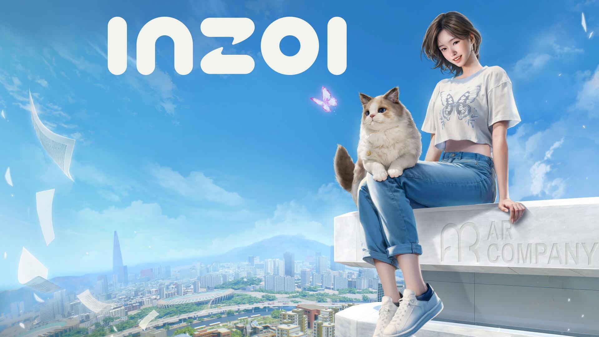 A vibrant HD wallpaper featuring a girl and a cat against a blue sky, with the word inZOI prominently displayed, capturing a whimsical and playful atmosphere in a video game setting.