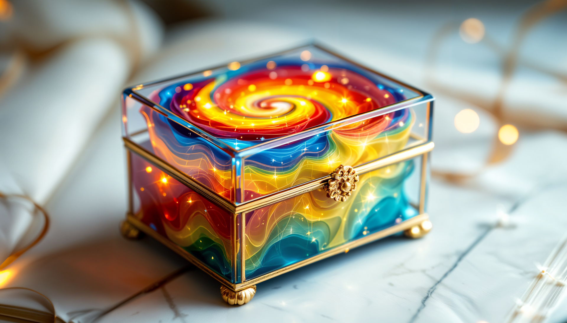 A vibrant music box featuring a swirling, colorful design with embedded lights, set against a soft, blurred background. This 4K Ultra HD wallpaper adds a whimsical touch to any desktop.