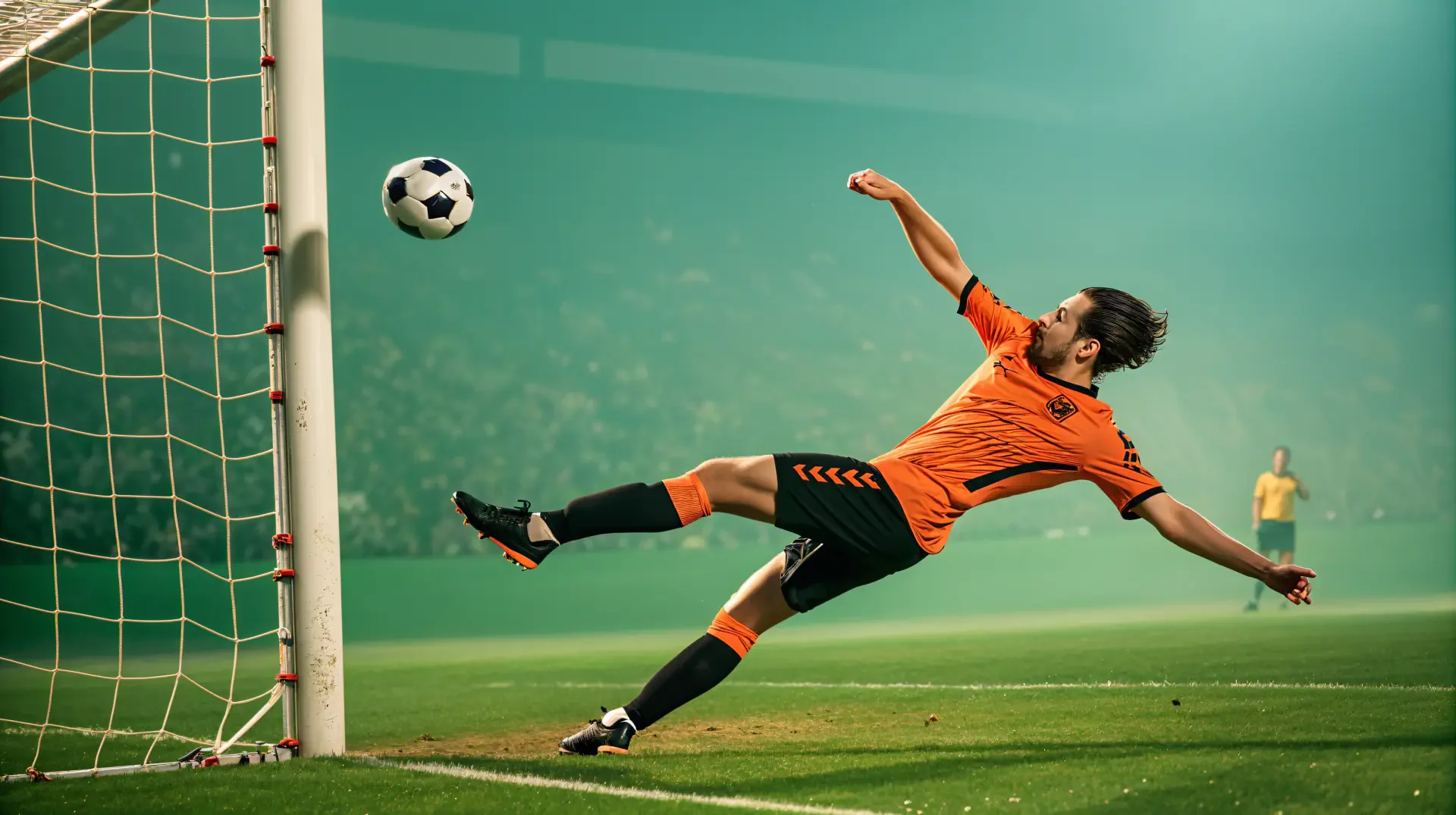 A dynamic moment captures a soccer player in an orange jersey diving to save a goal, set against a dramatic stadium backdrop. A stunning 4K Ultra HD PC desktop wallpaper.